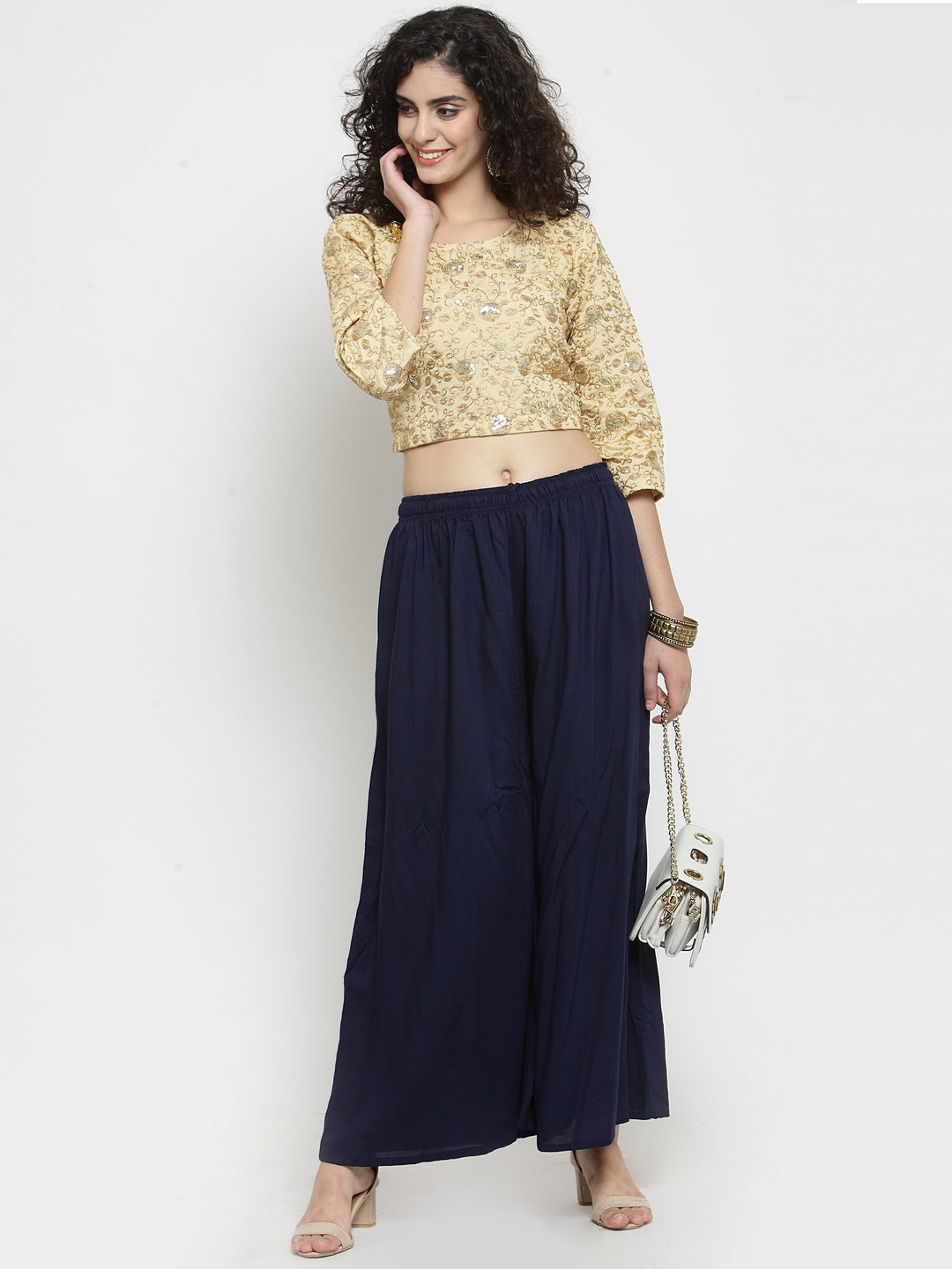Women's Navy Blue Solid Rayon Sharara
