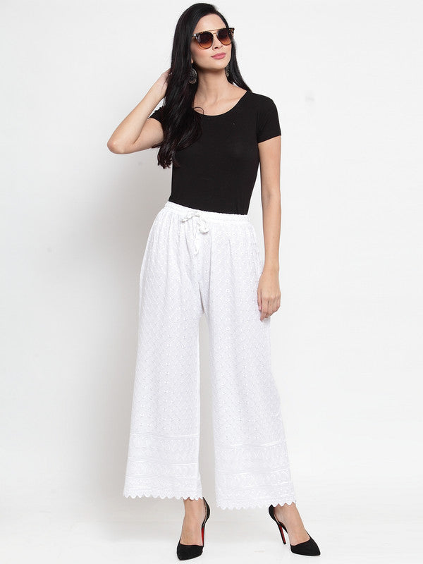 Women's White Full Chikankari Rayon Palazzo