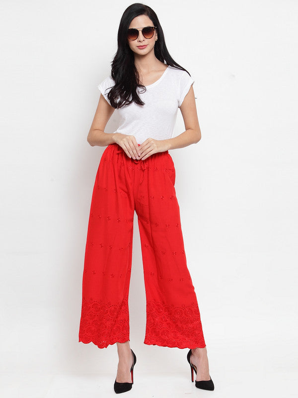 Women's Red Chikankari Rayon Palazzo