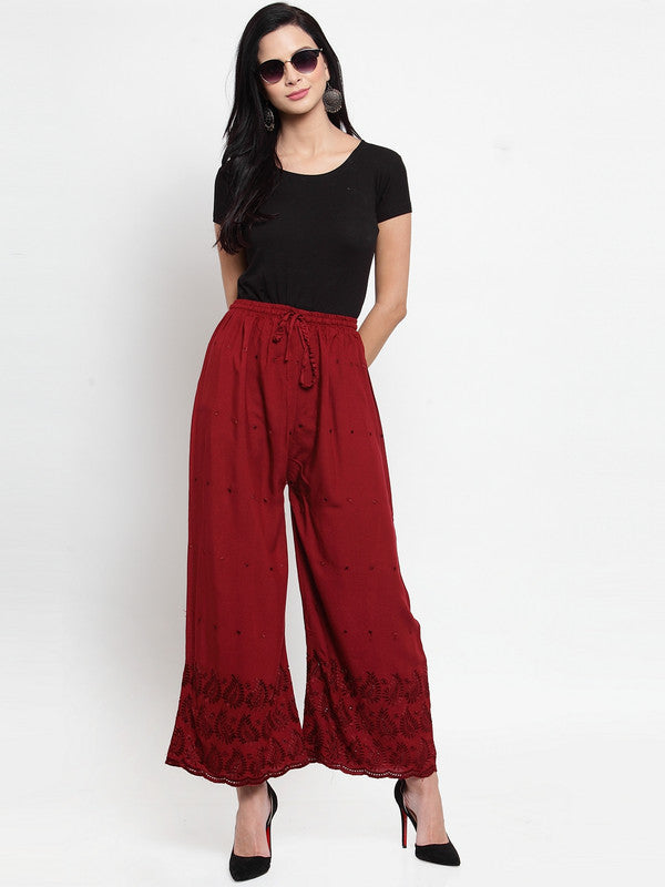 Women's Maroon Chikankari Rayon Palazzo