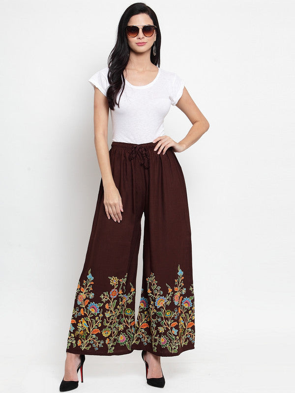 Women's Coffee Flower Printed Rayon Palazzo