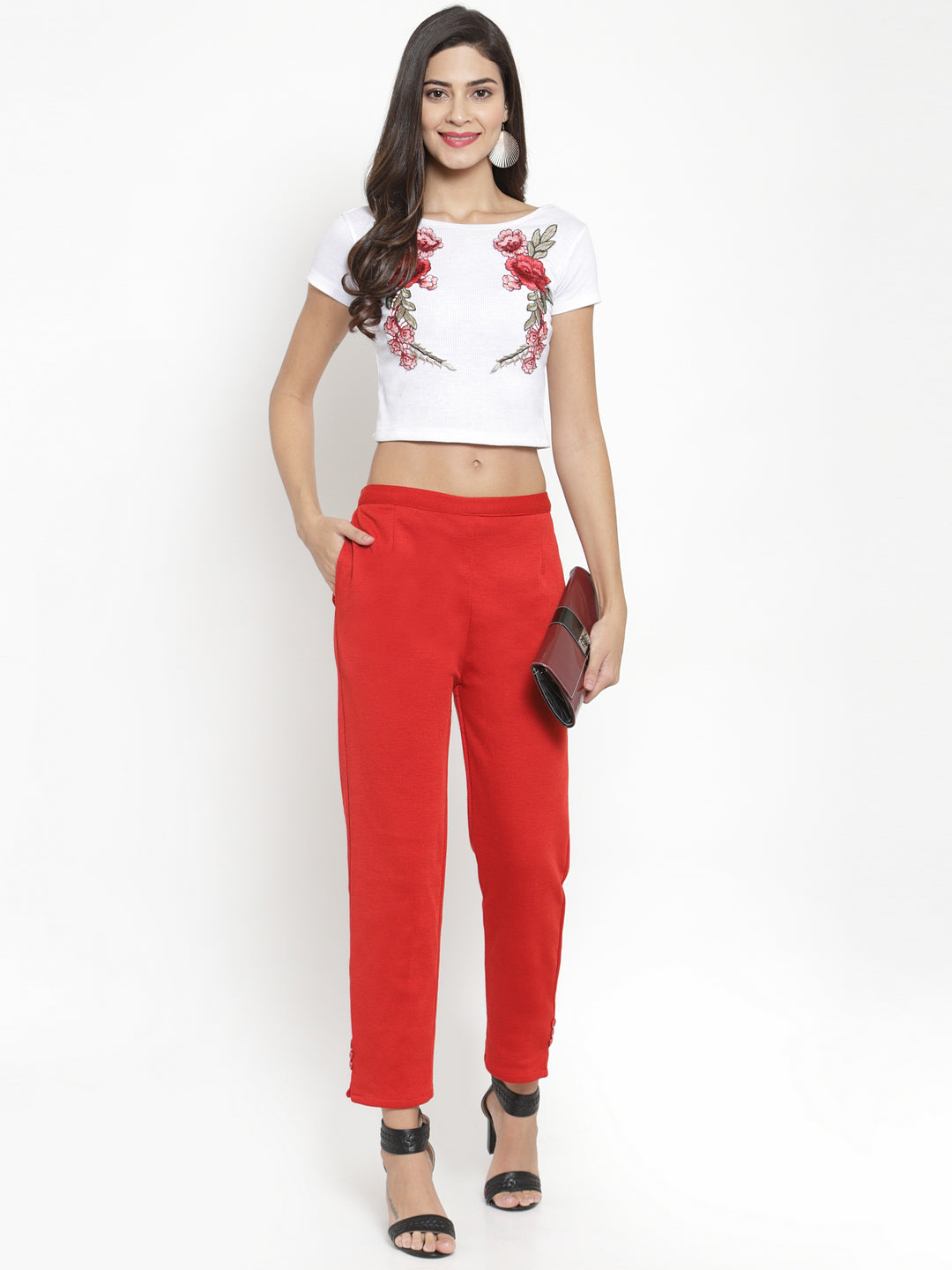 Women's Red Woolen Pencil Pant