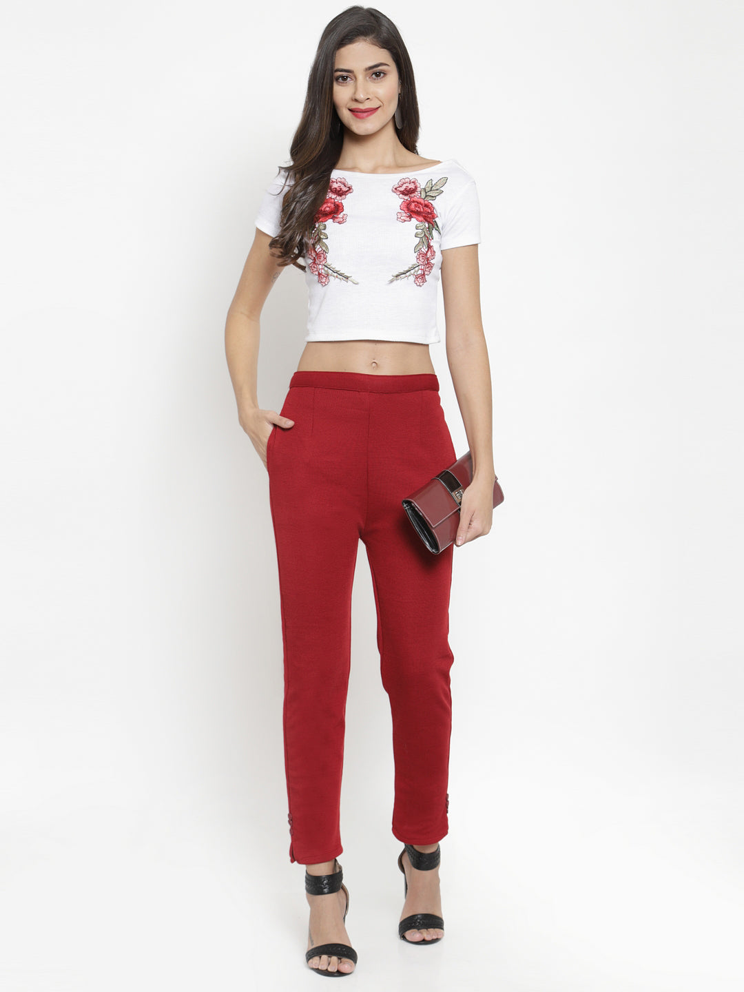 Women's Maroon Woolen Pencil Pant