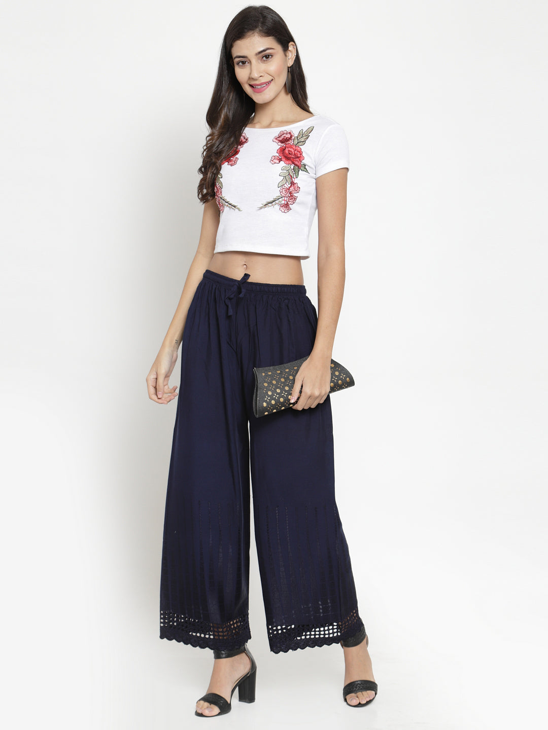 Women's Navy Blue Self Design Rayon Palazzo