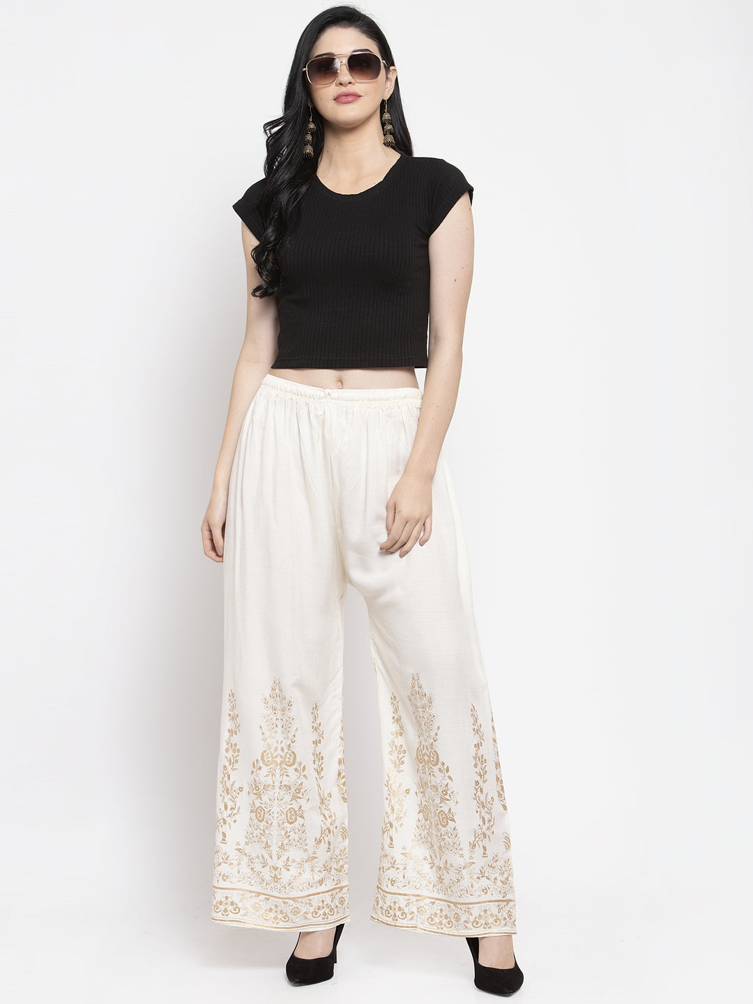 Women's Cream Straight Printed Rayon Palazzo