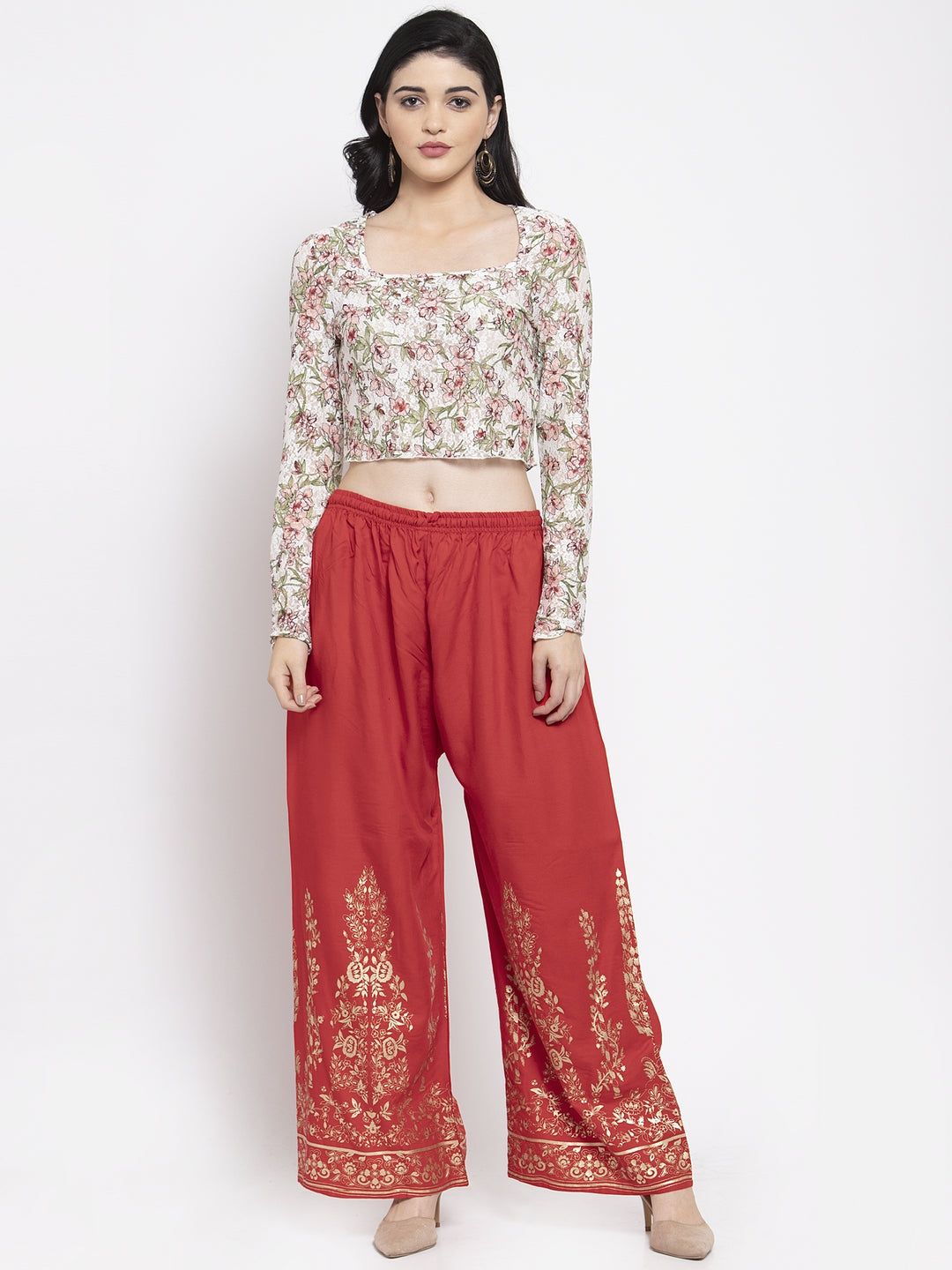 Women's Red Straight Printed Rayon Palazzo