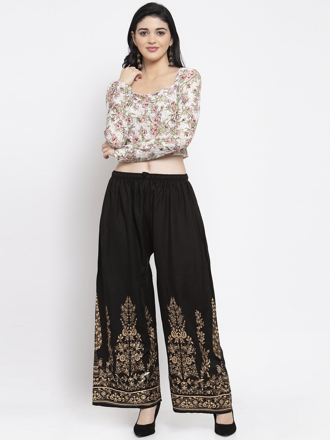 Women's Black Straight Printed Rayon Palazzo