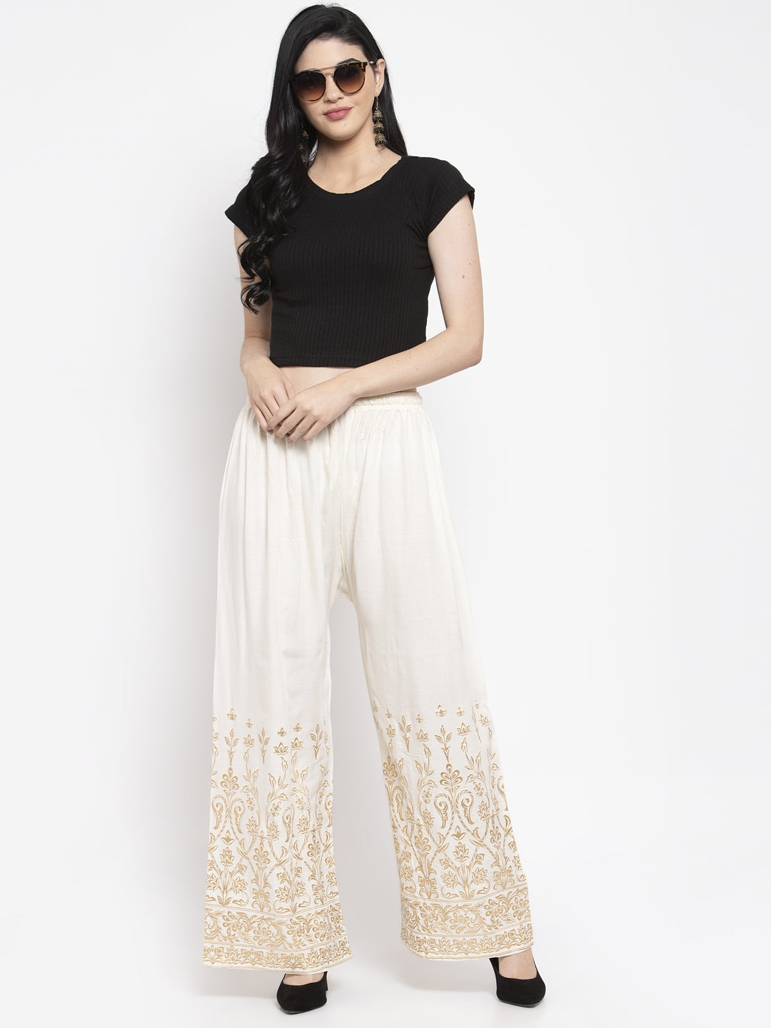 Women's Cream Rayon Printed Palazzo
