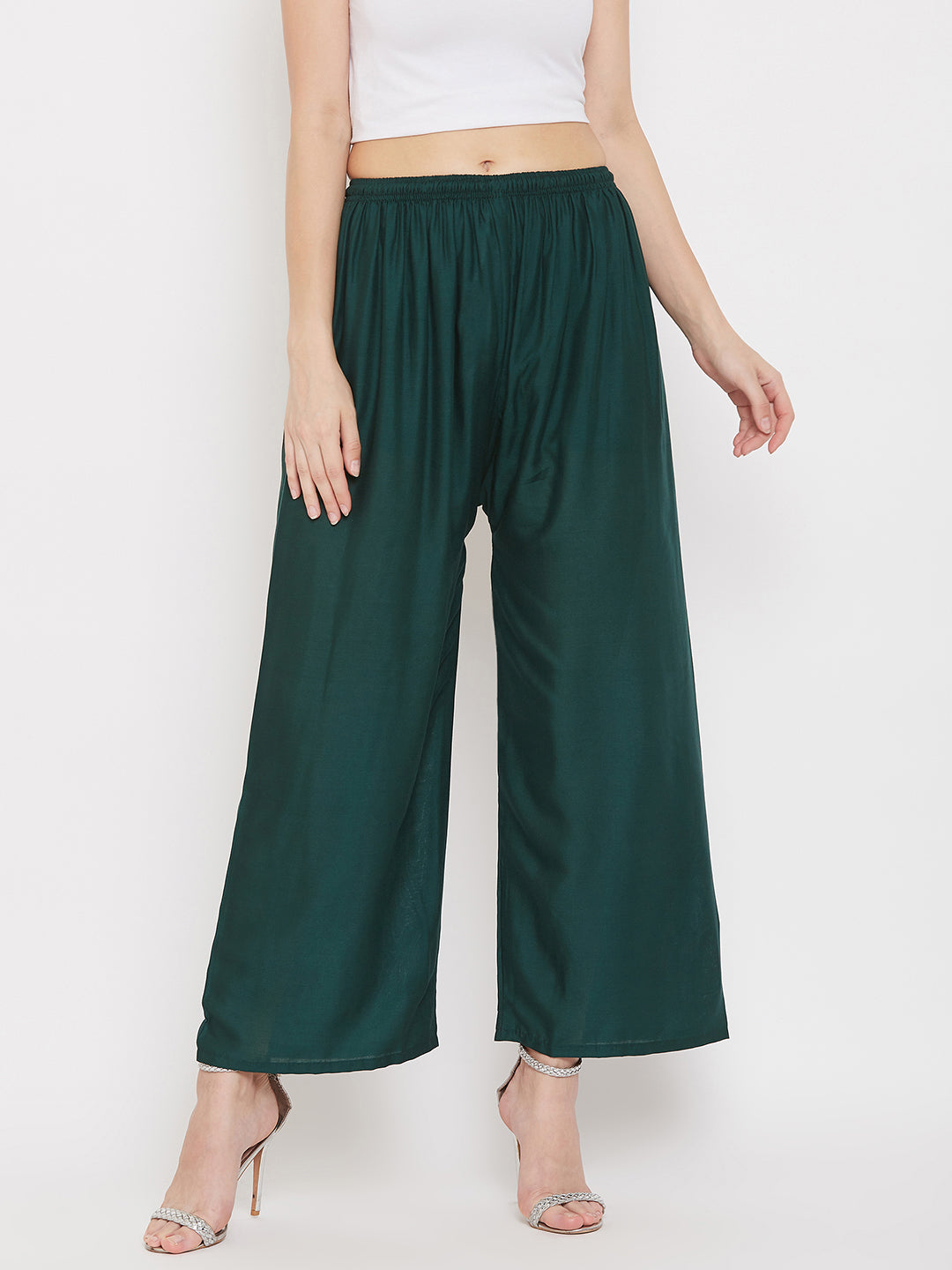 Women's Solid Bottle Green & Pink Rayon Palazzo (Pack Of 2)