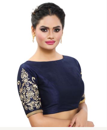 Women'S Poly Raw Silk Readymade Saree Blouse With Embroidered Sleeves