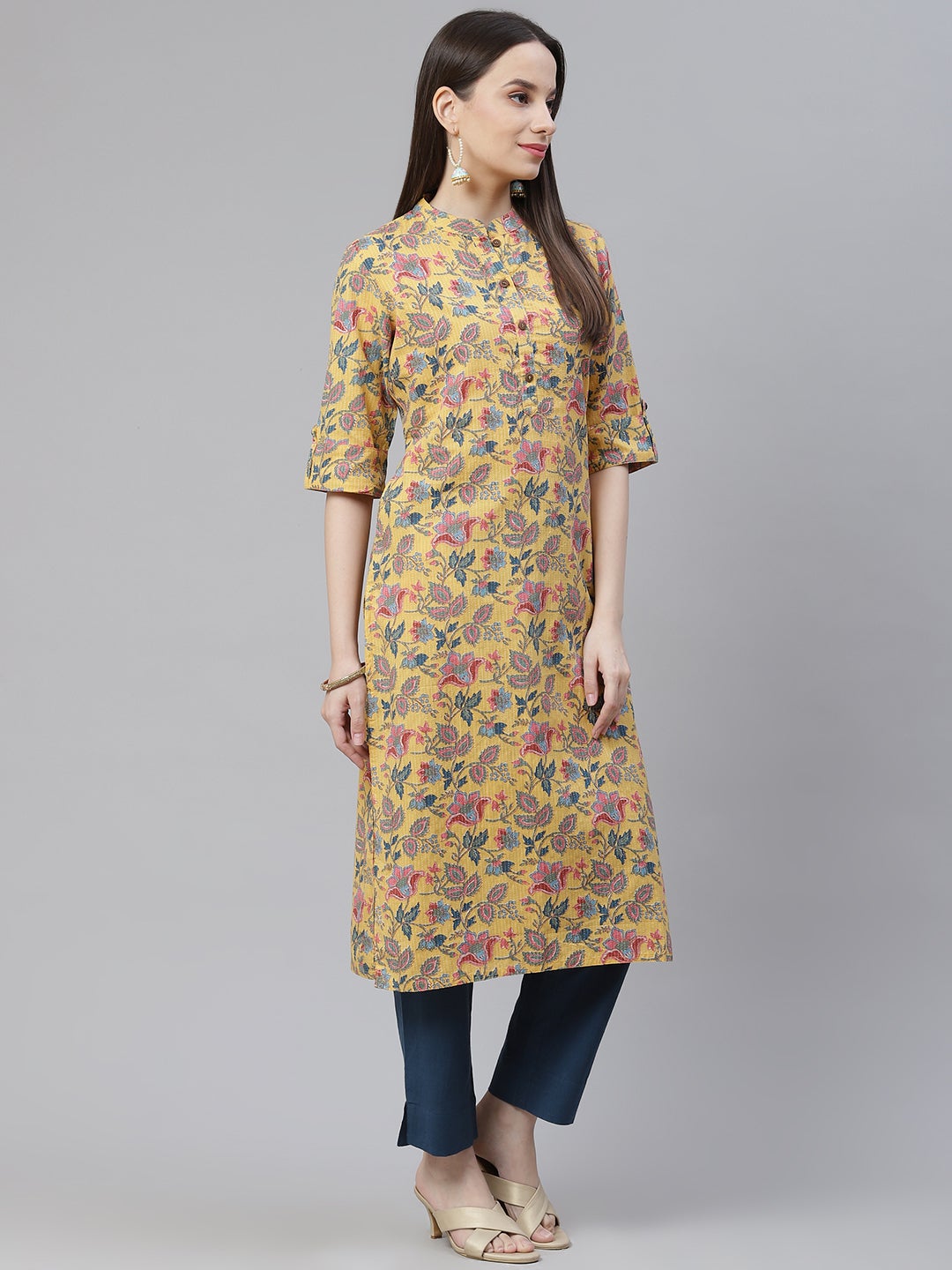 Women's Yellow Printed Cotton Straight Kurt