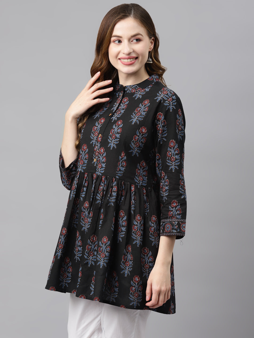Women's Black Floral Cotton Peplum To