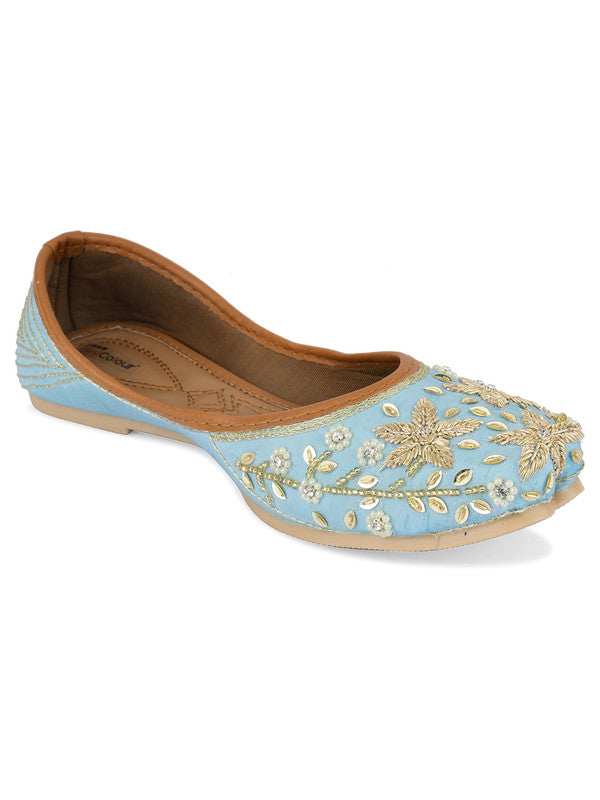 Women's Sky Blue Hand Embroidered Indian Handcrafted Ethnic Comfort Footwear