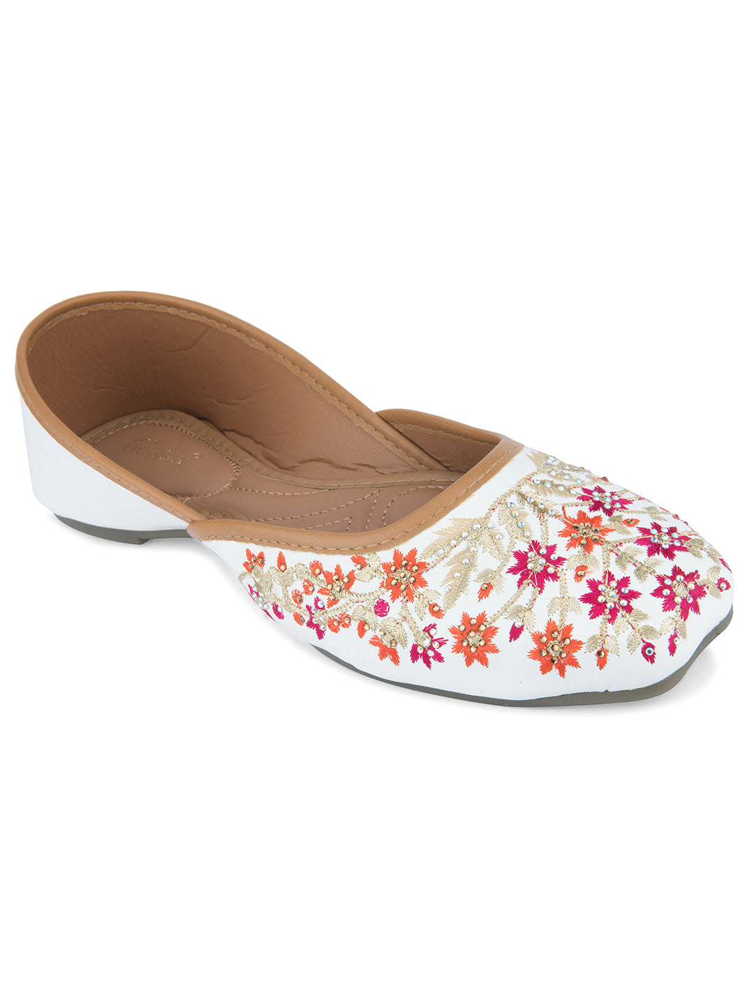 Women's White Handcrafted Stone Work Indian Ethnic Comfort Footwear