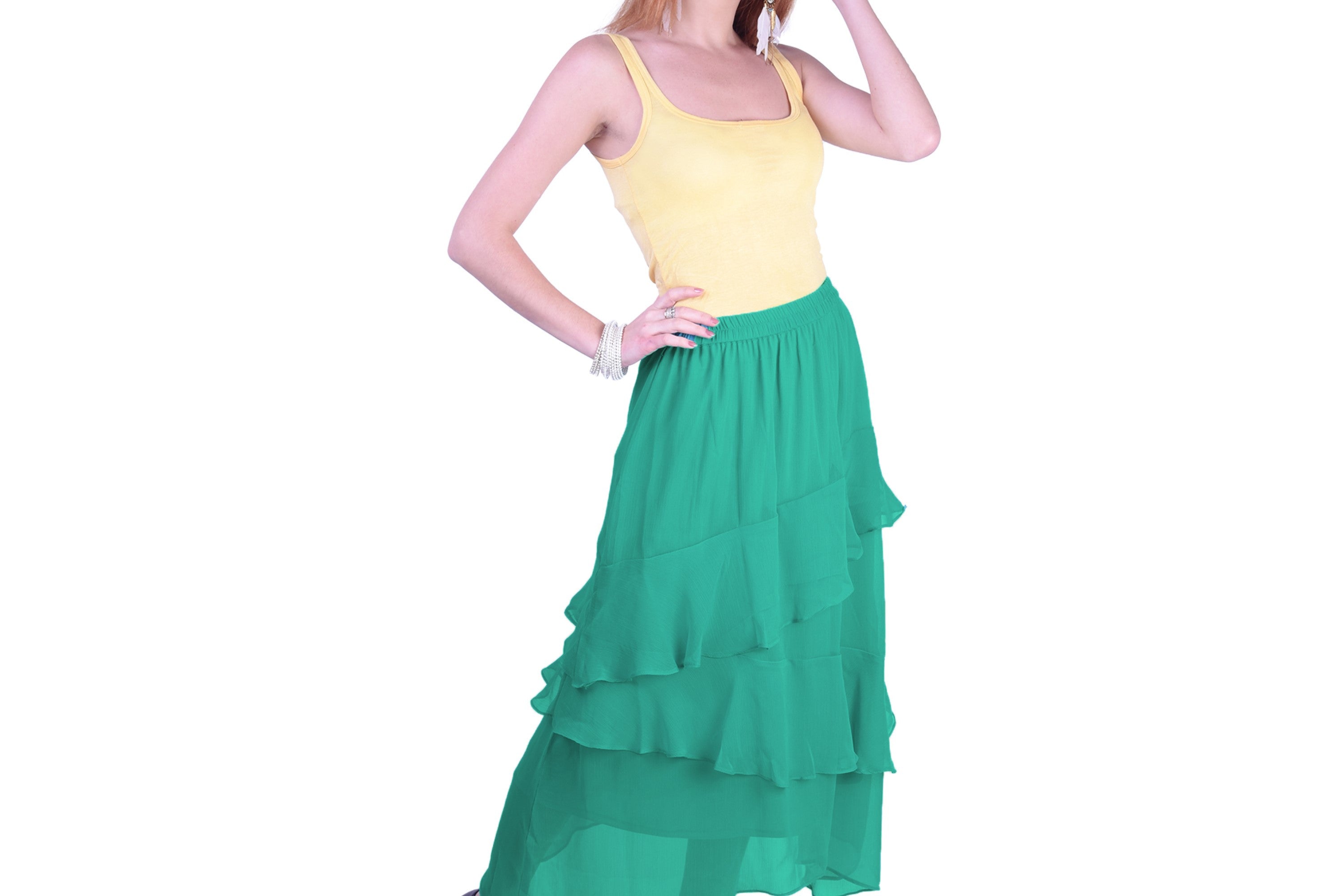 Women's Chiffon Ruffle Skirt With Elastic In Dark Green