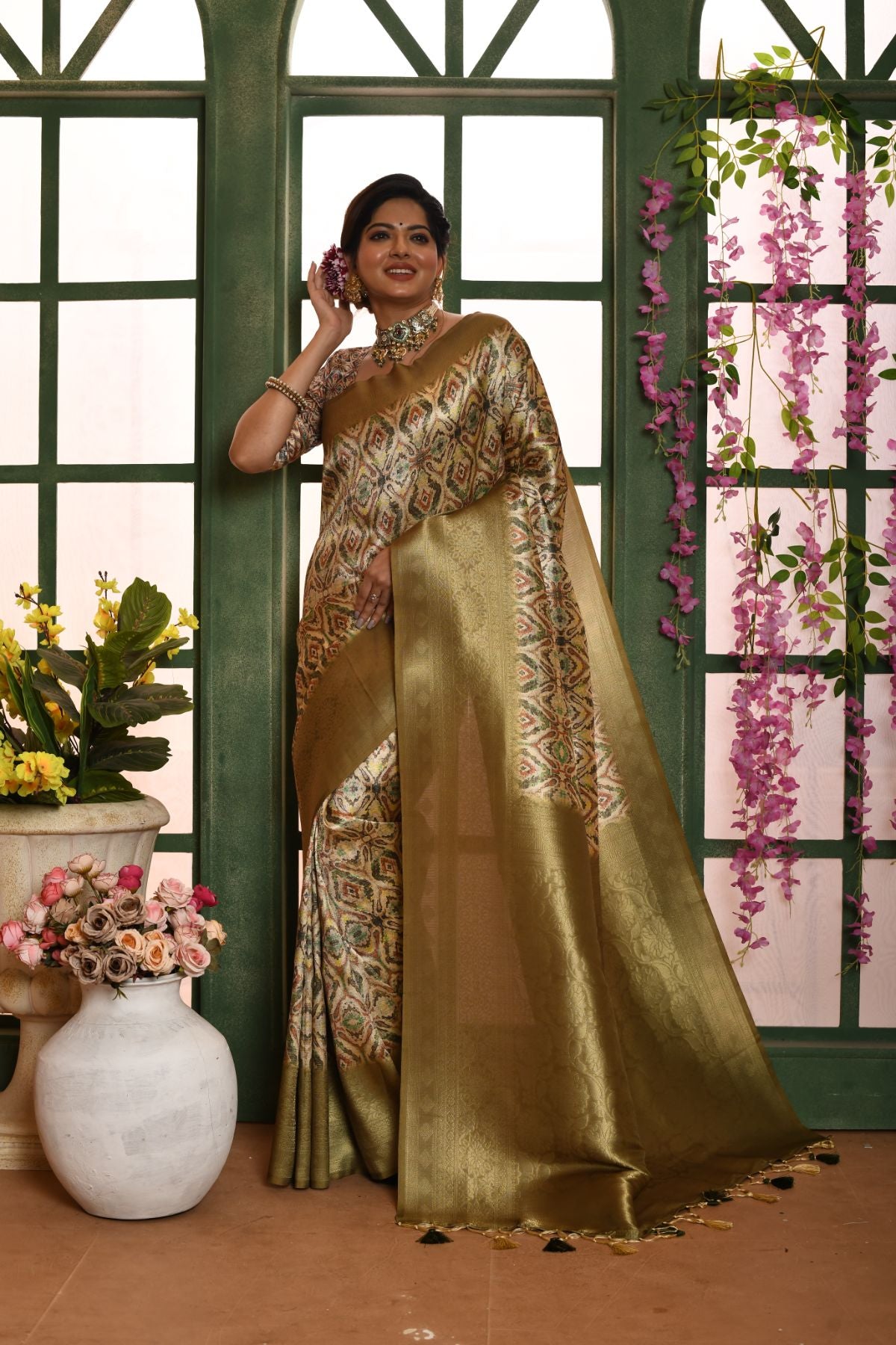 Women's Mahendi Woven Banarasi Silk Saree with Tassels