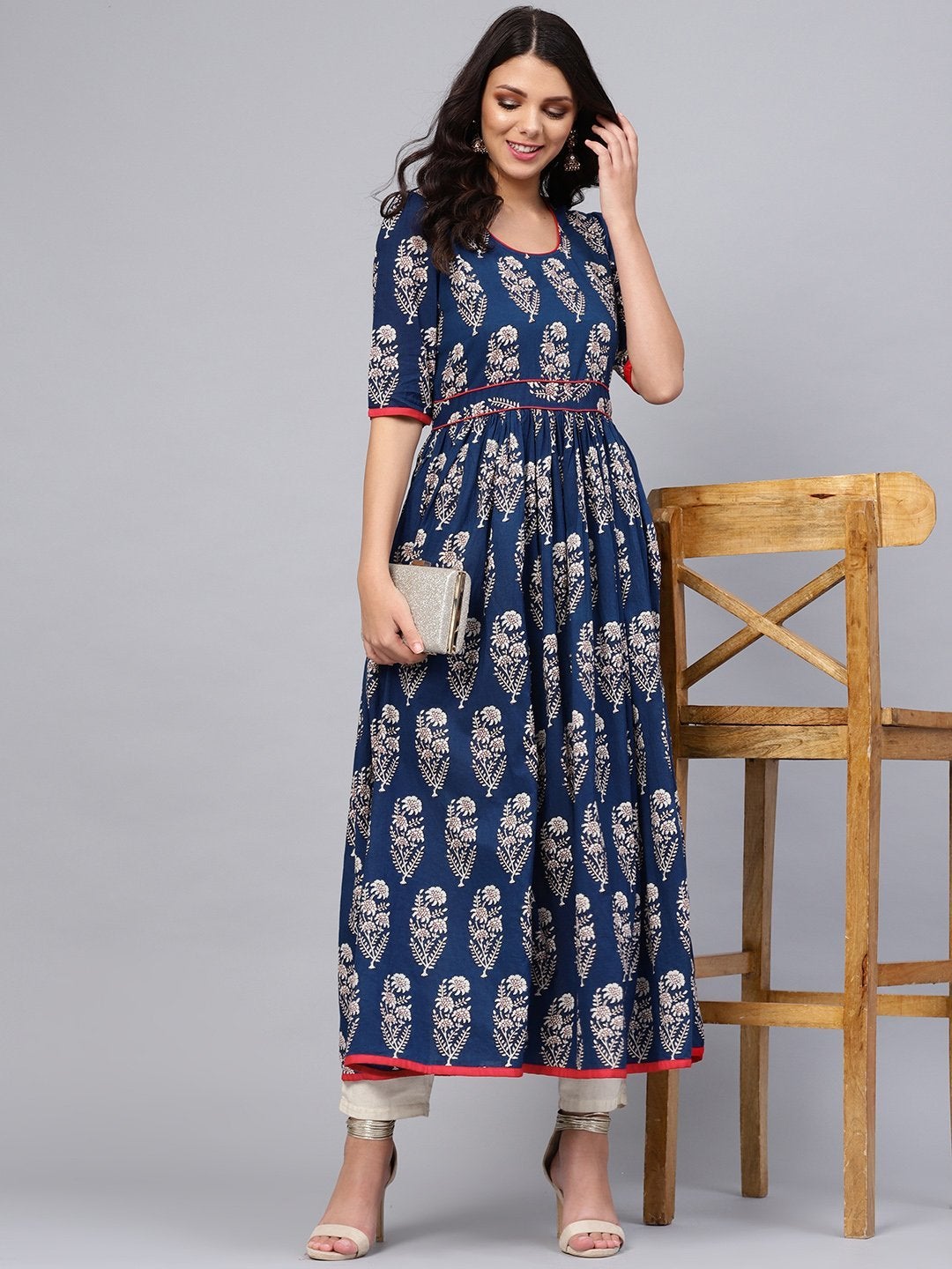 Women's Royal Blue Printed Floor Length Anarkali