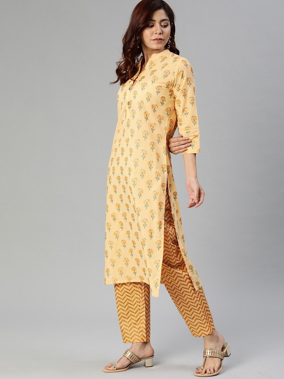 Women's Yellow Flower Print Cotton Kurta Set