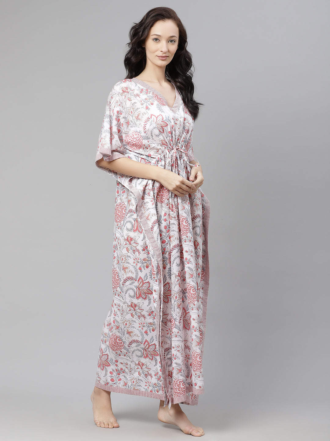 Women's White And Pink Floral Print Kaftan