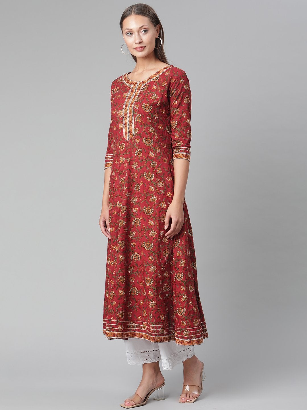 Women's Red Flaired Cotton Anarkali Kurta
