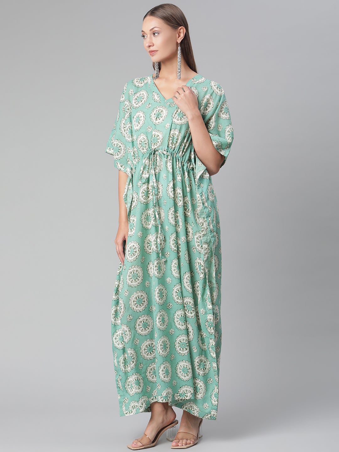 Women's Sea Green Floral Cotton Kafta