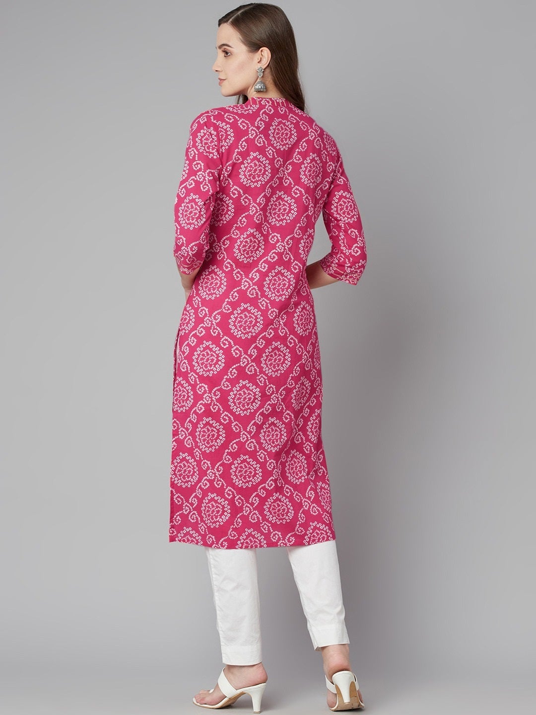 Women's Pink Bandhej Straight Kurta