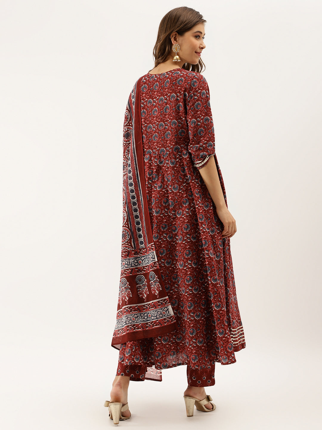 Women's Maroon Floral Printed Cotton Anarkali Kurta Set With Dupatta