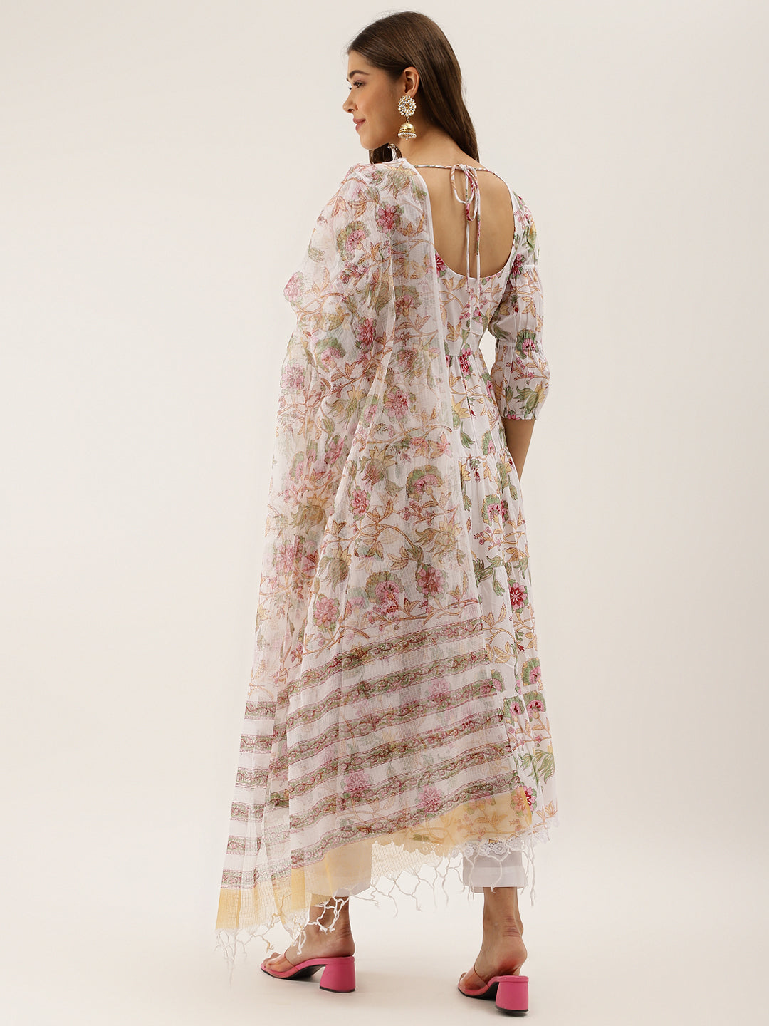 Women's White Handblock Floral Printed Cotton Anarkali Kurta Set With Kota Doria Dupatta