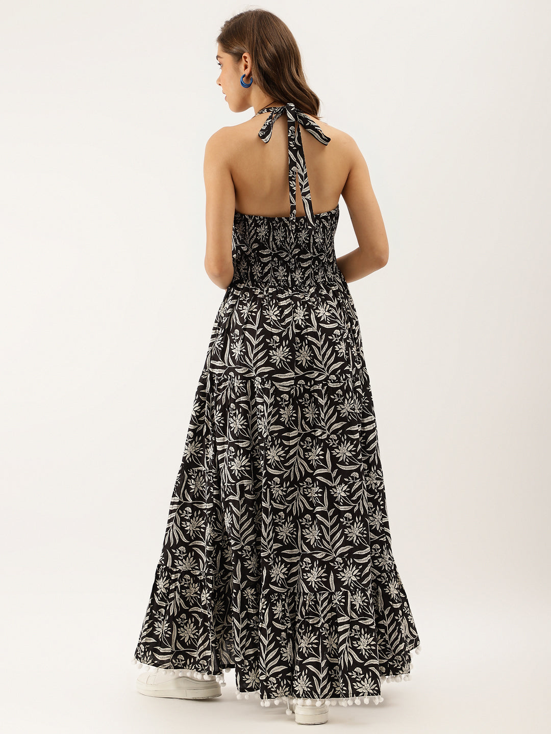 Women's Black Floral Printed Cotton Ethnic Dress