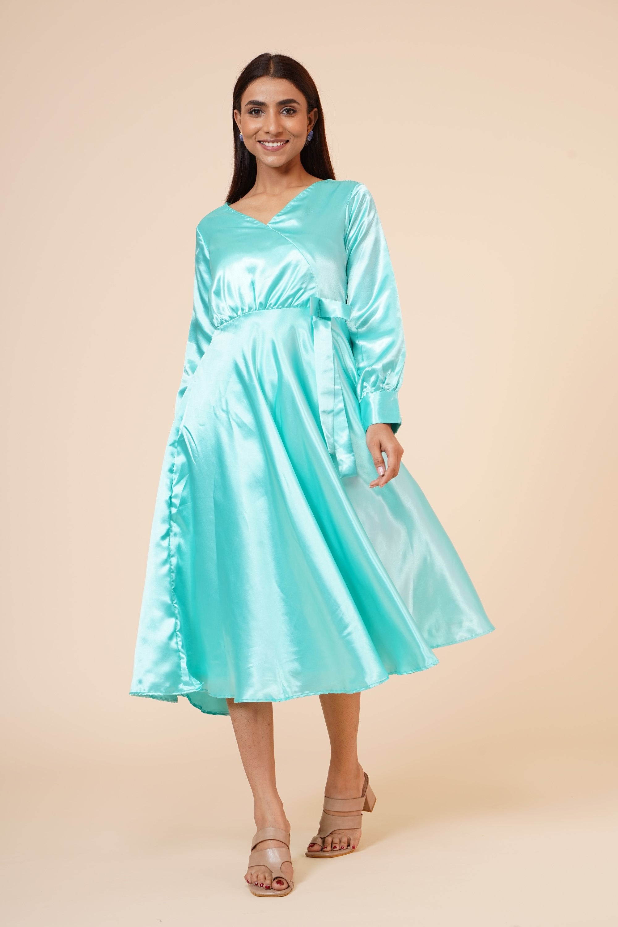 Women's Empire Line With Cuff Satin Wrap Dress Sky Blue