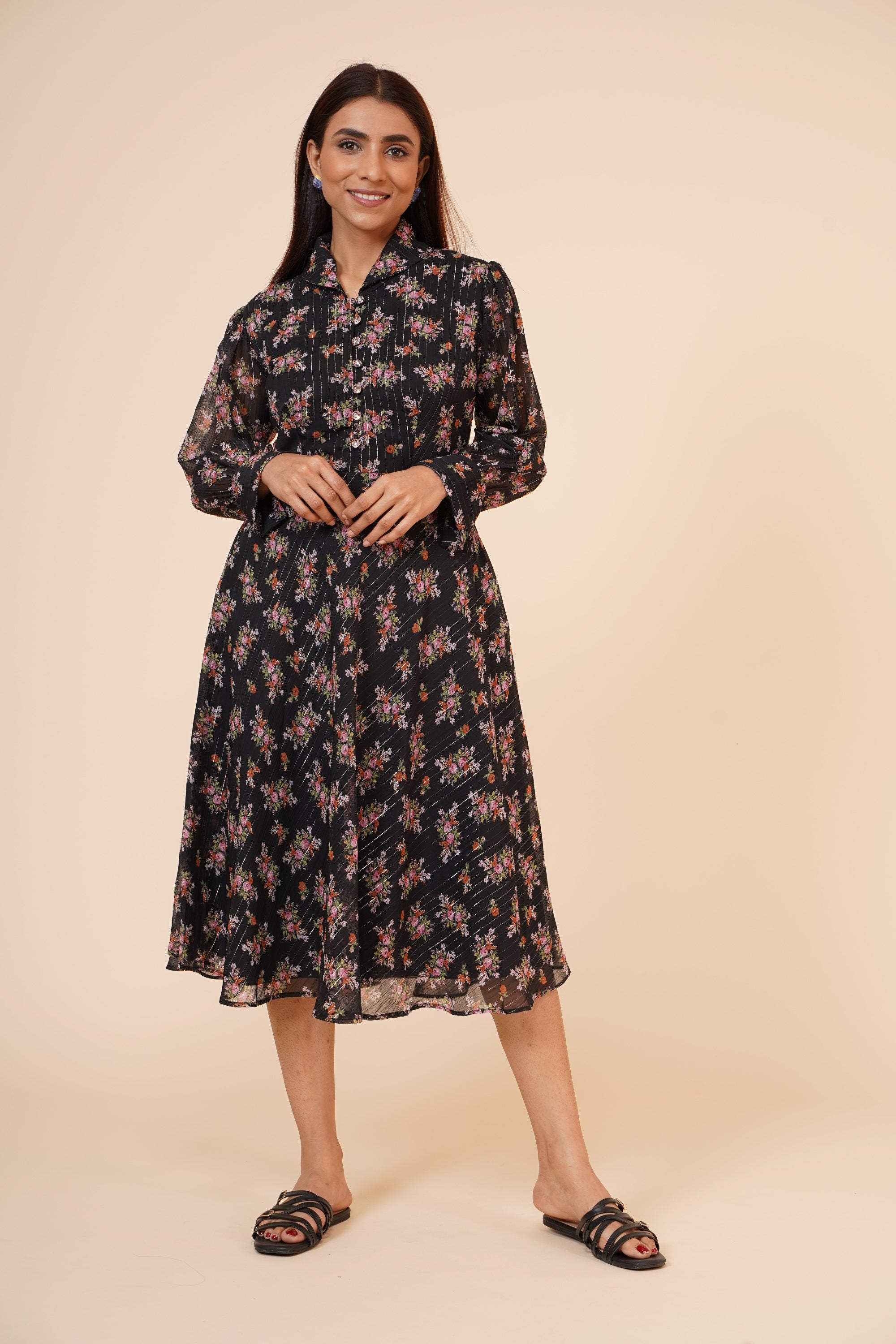 Women's Printed Black Chiiffon Casual Midi Dress