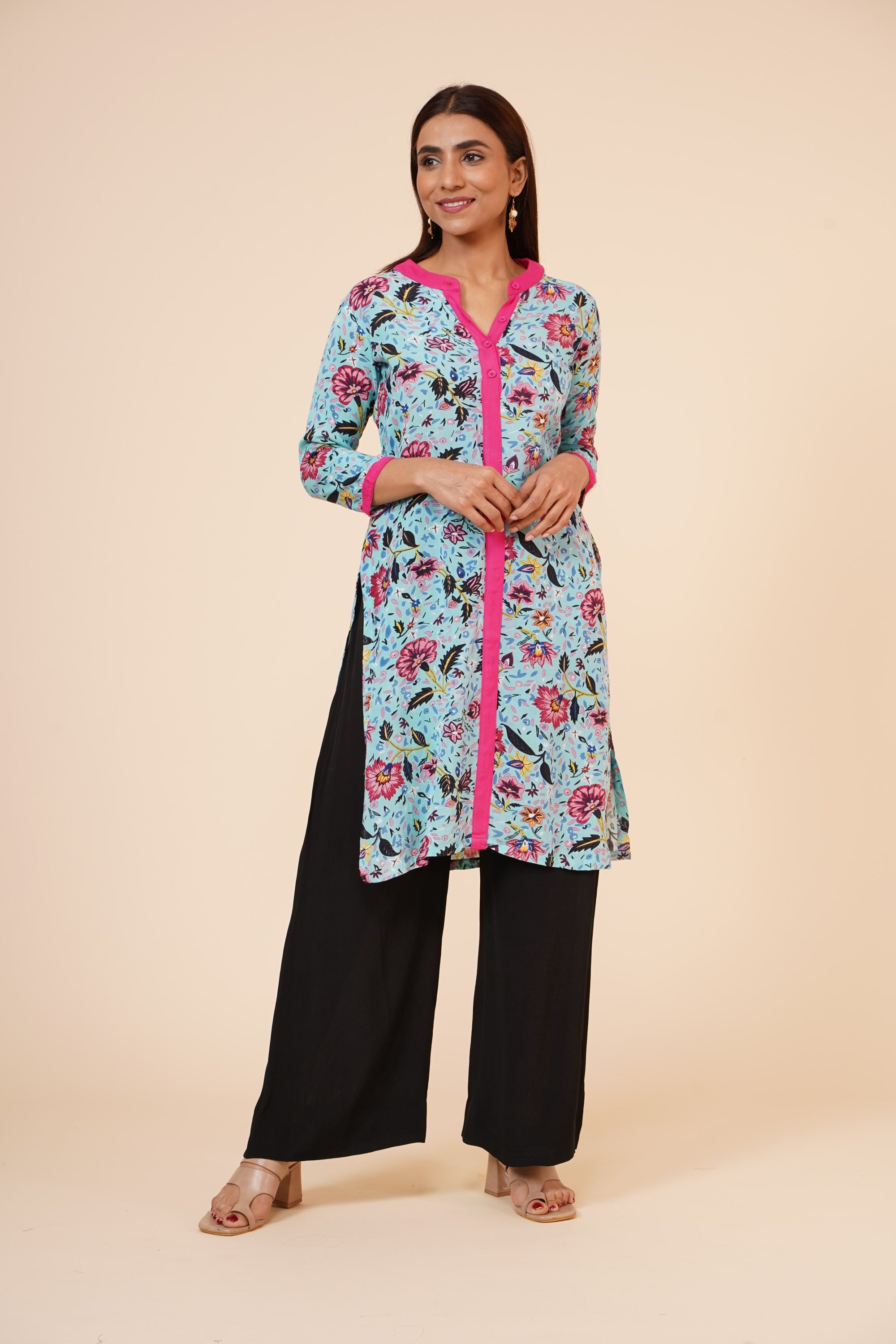 Women's Indian Kurti With Buttoned Placket And Round Mandarin Collar