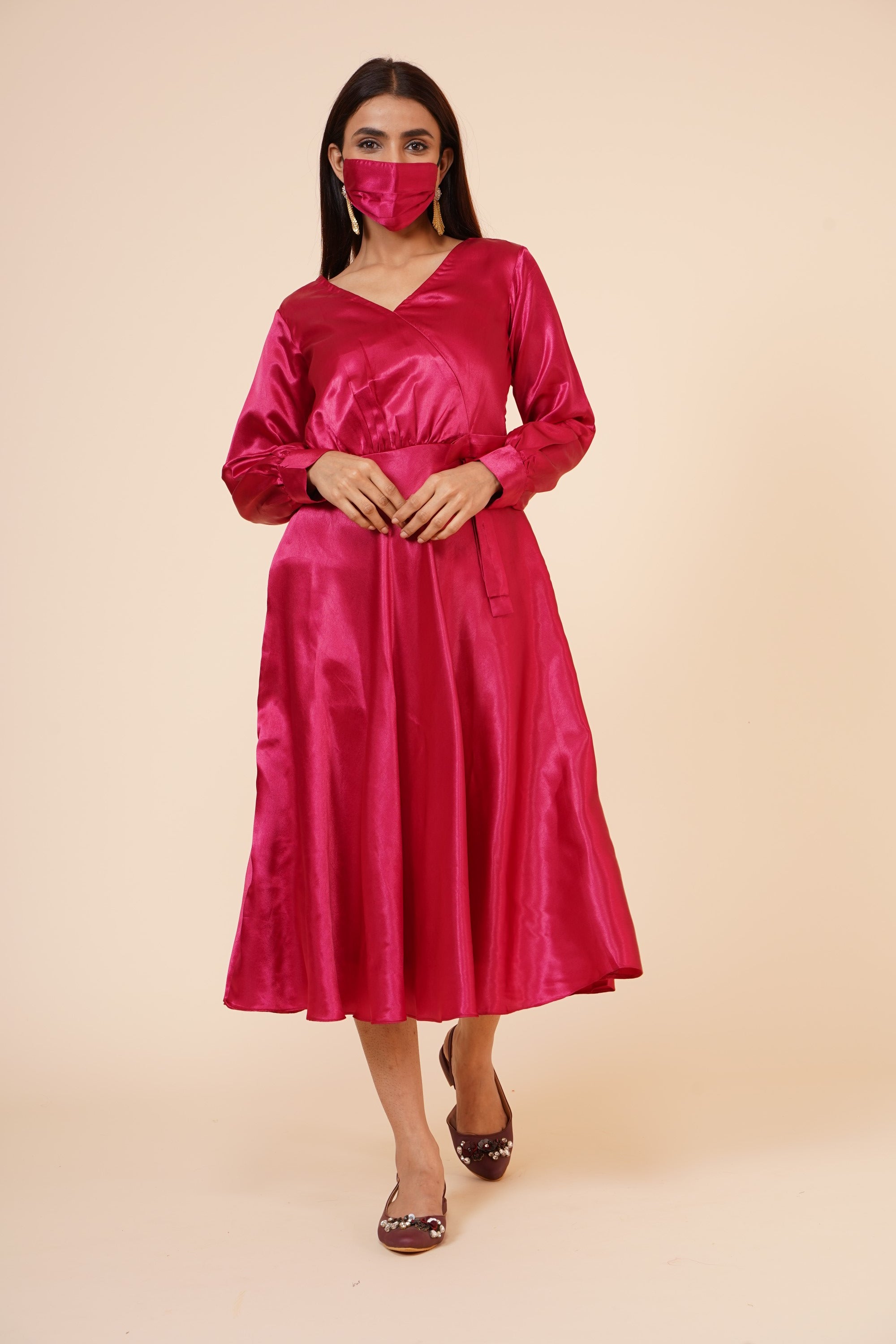 Women's Empire Line With Cuff Satin Wrap Dress Maroon
