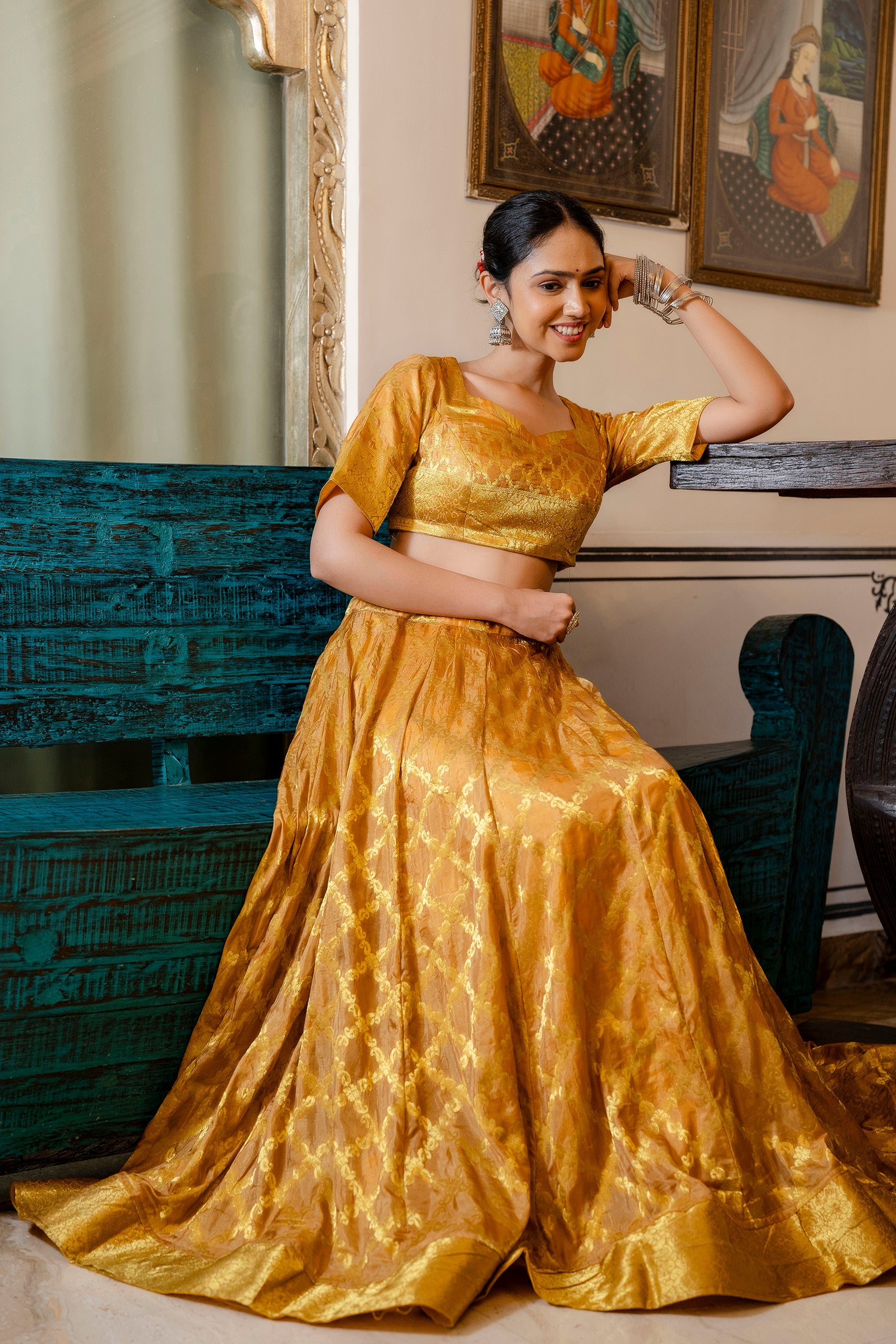 Golden Yellow Banarasi Lehenga Choli with Dupatta