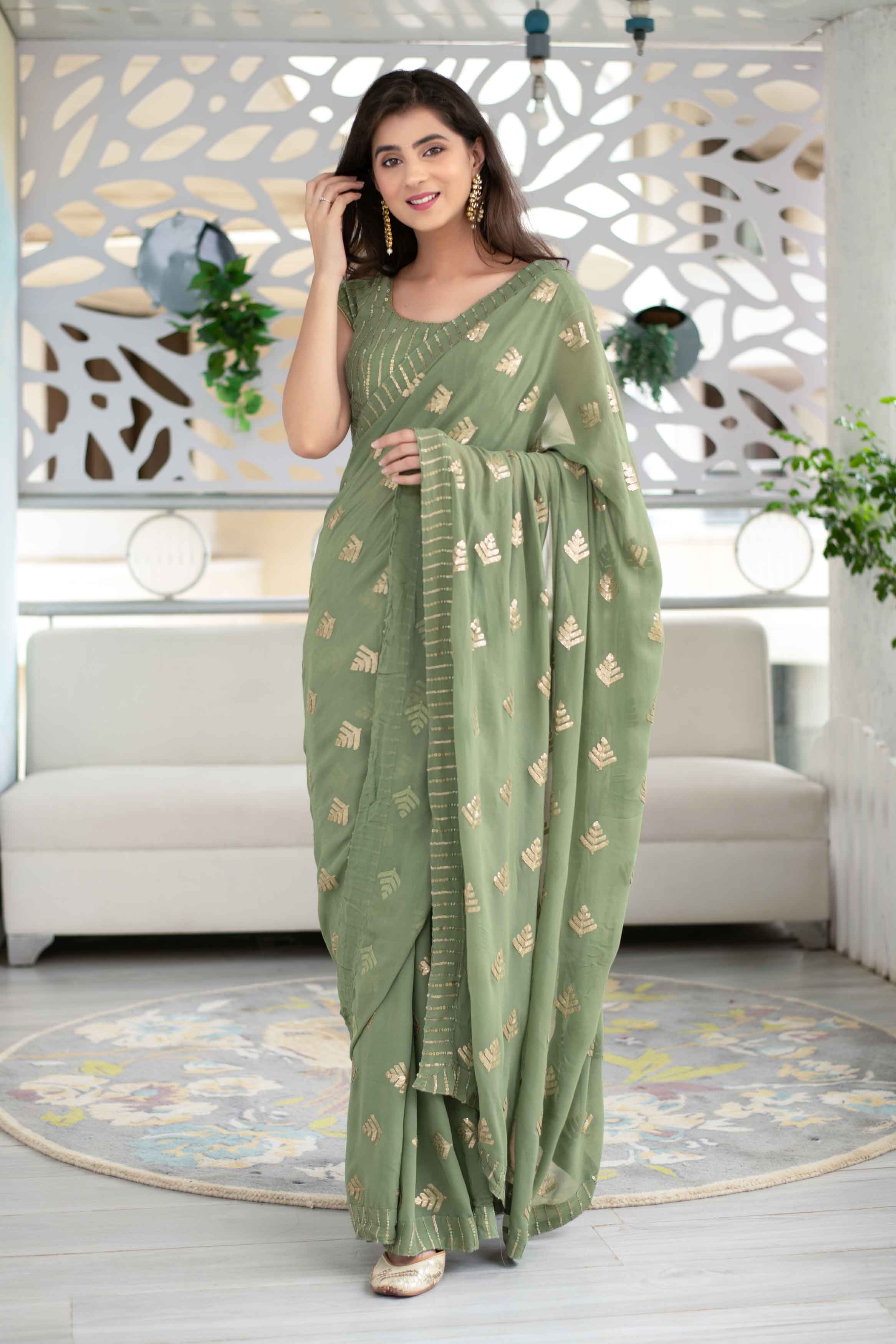 Women's Olive Green Sequin Saree (2pcs set)