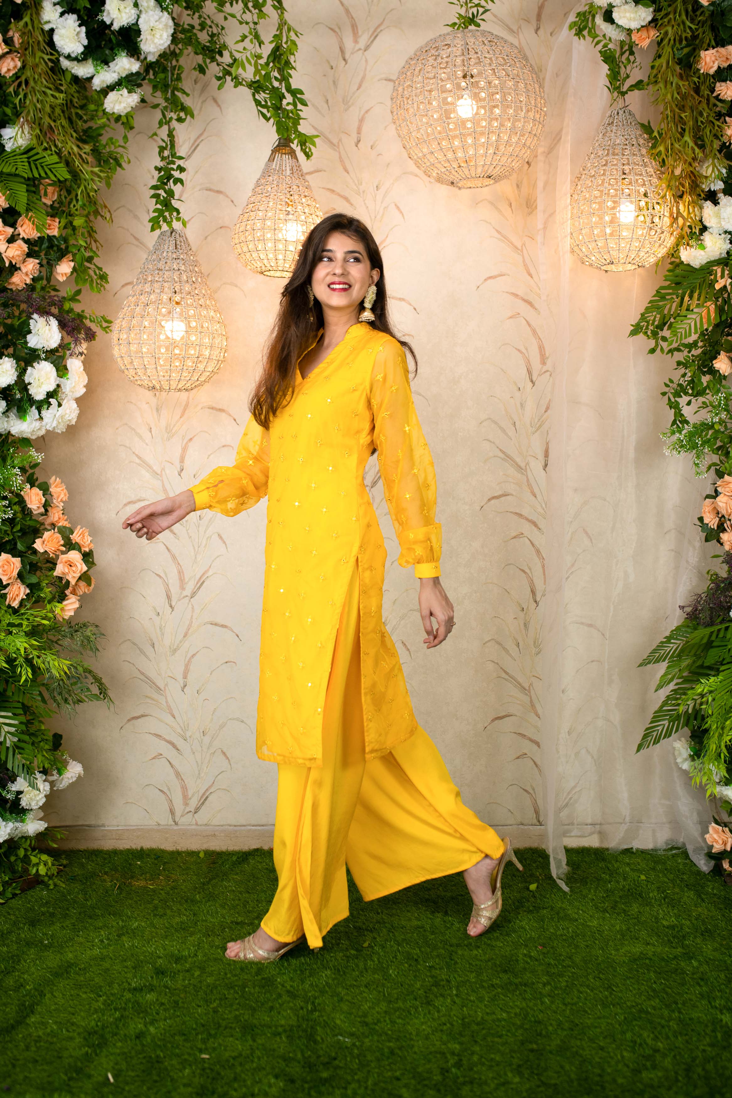 Women's Yellow Mirror Work Organza Kurta With palazzo