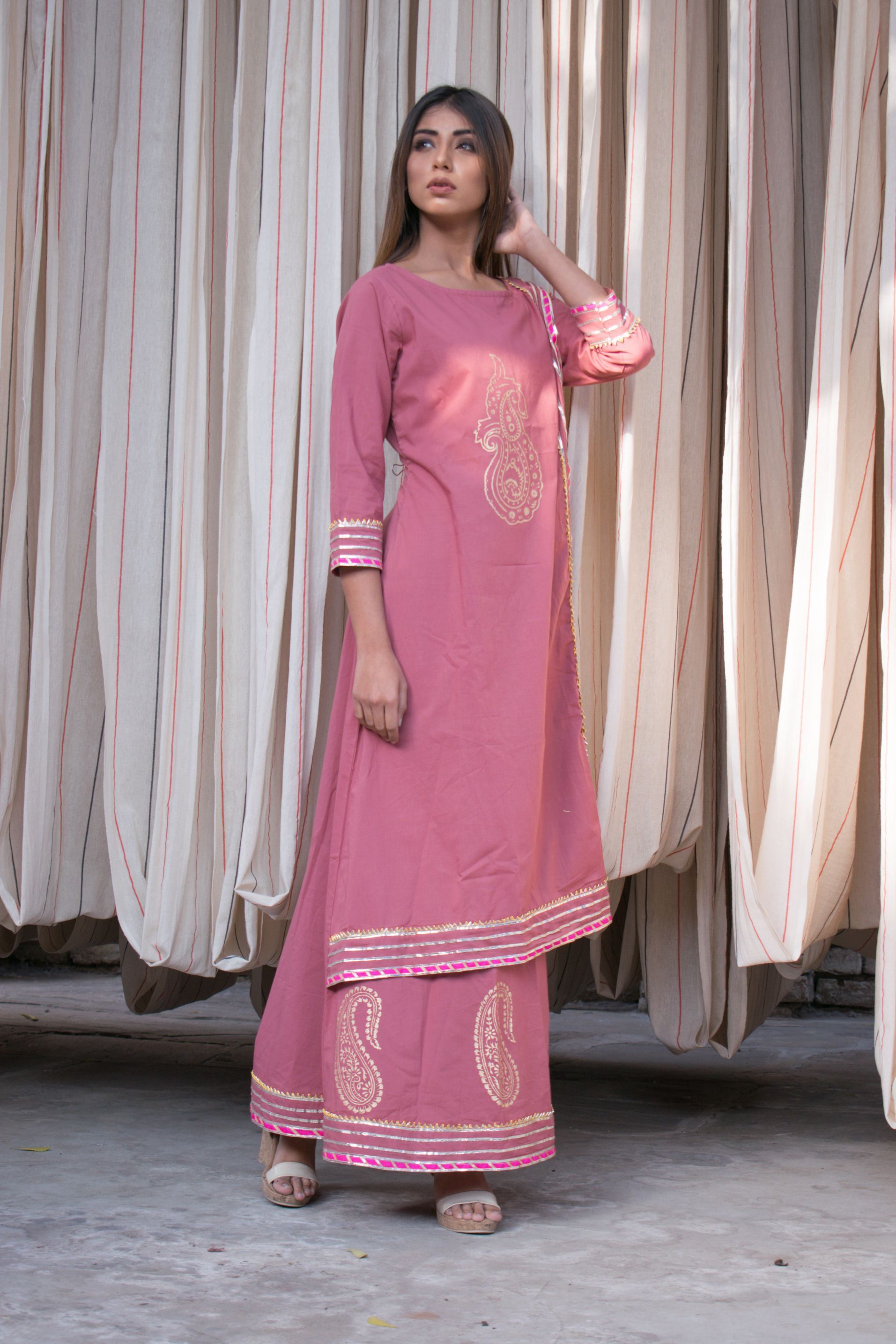 Women's Single-Piece Magenta Cotton Dress With Hand Block Printed Motifs.