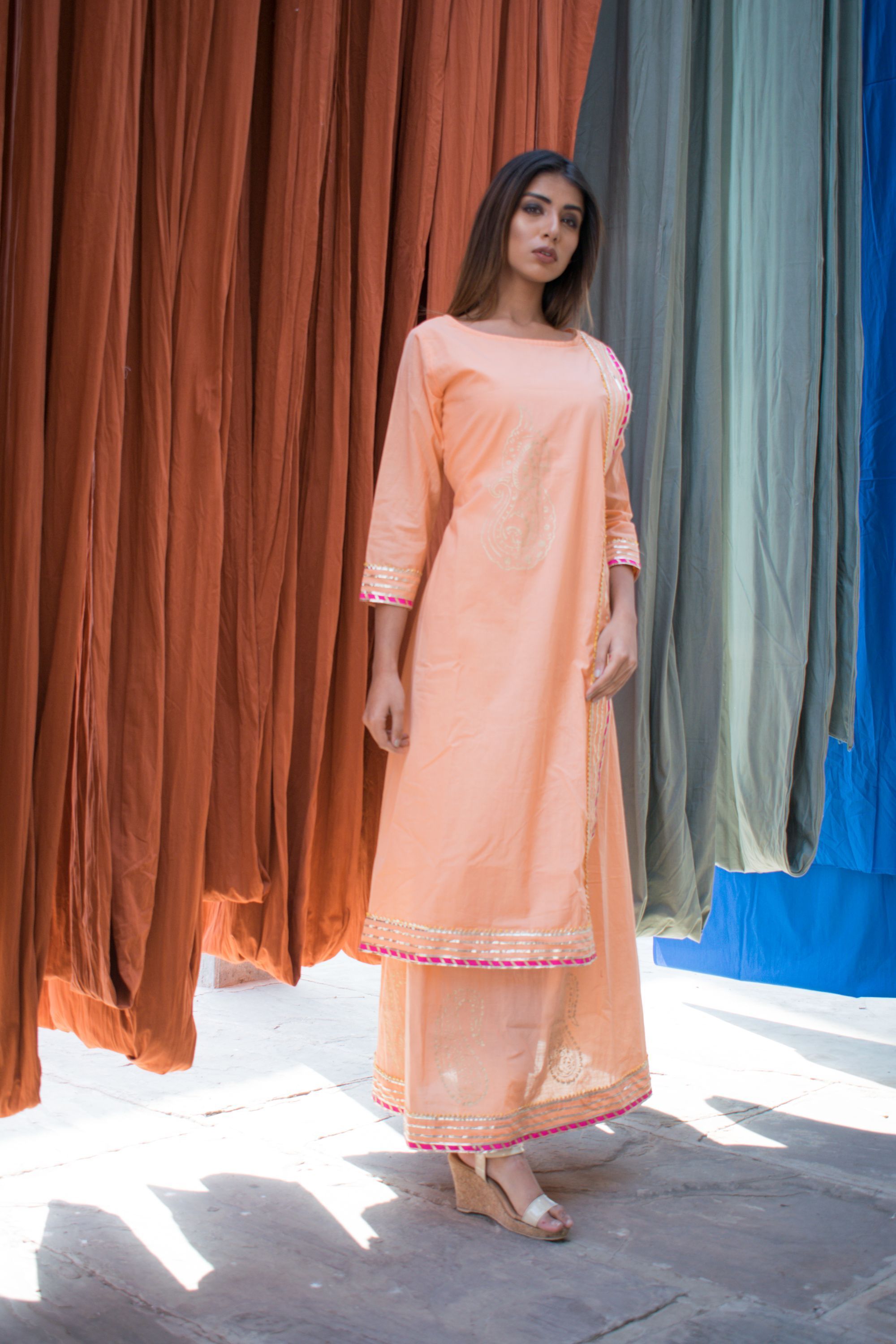 Women's Single-Piece Sandalwood Cotton Dress With Hand Block Printed Motifs.