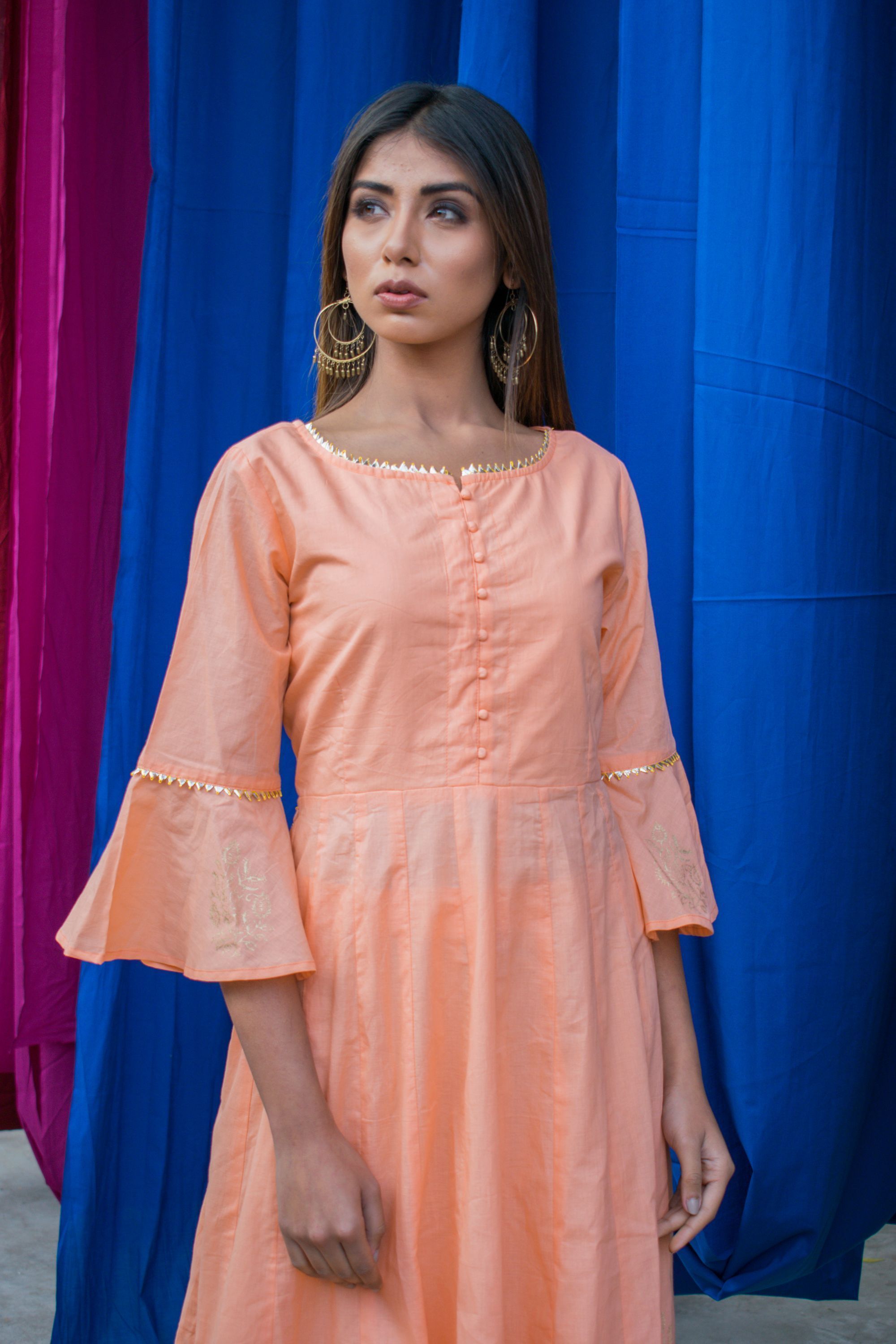 Women's Peach Golden Print Kurta With Palazzo