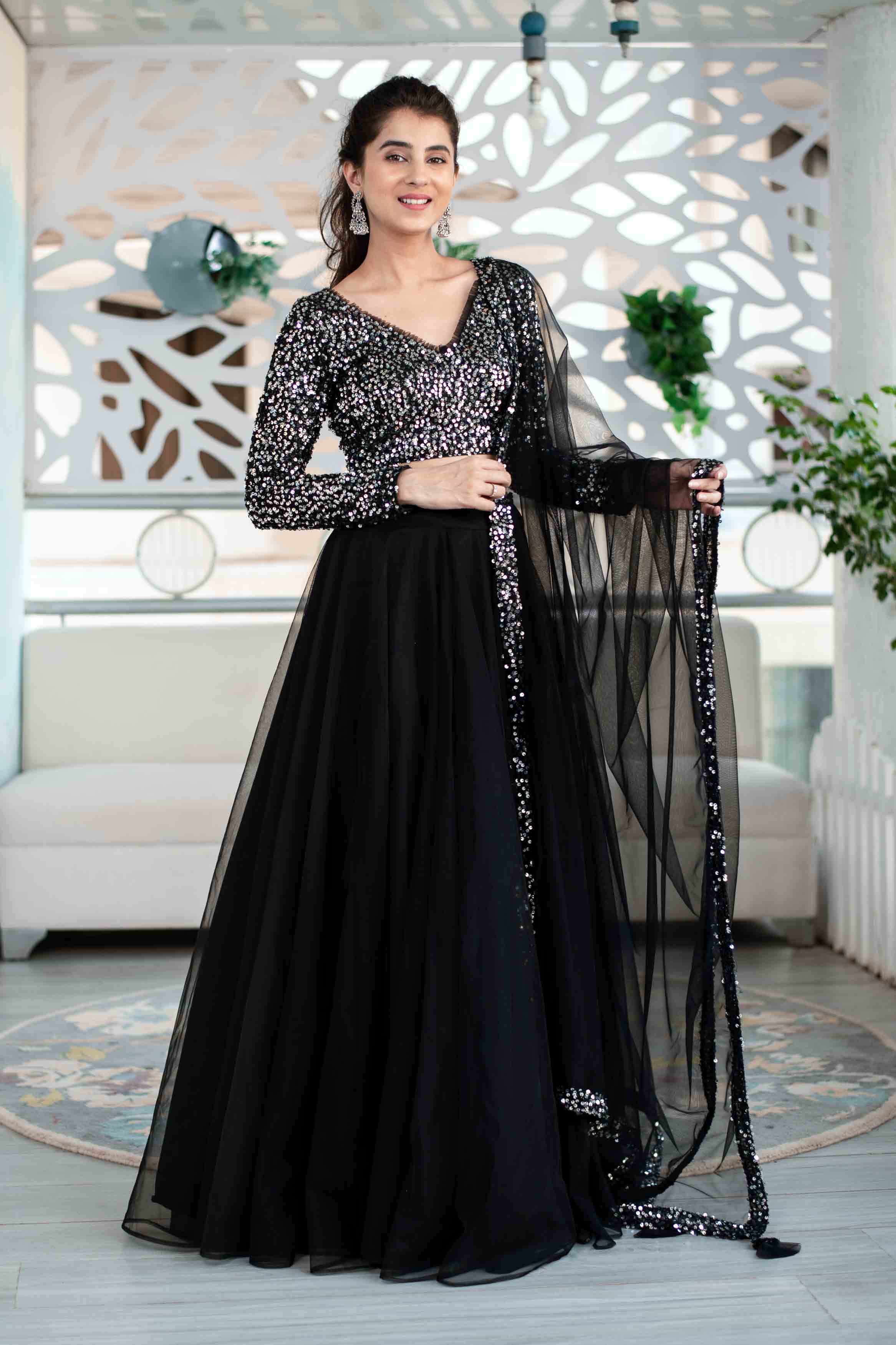 Women's Black And Silver Lehenga