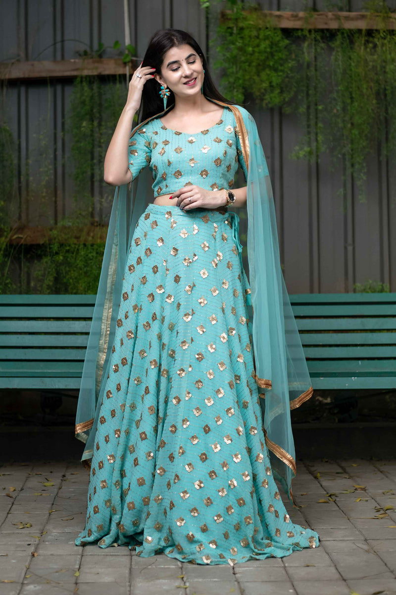 Buy Women's Ice Blue Sequin And Zari Work Lehenga Set - Label Shaurya 