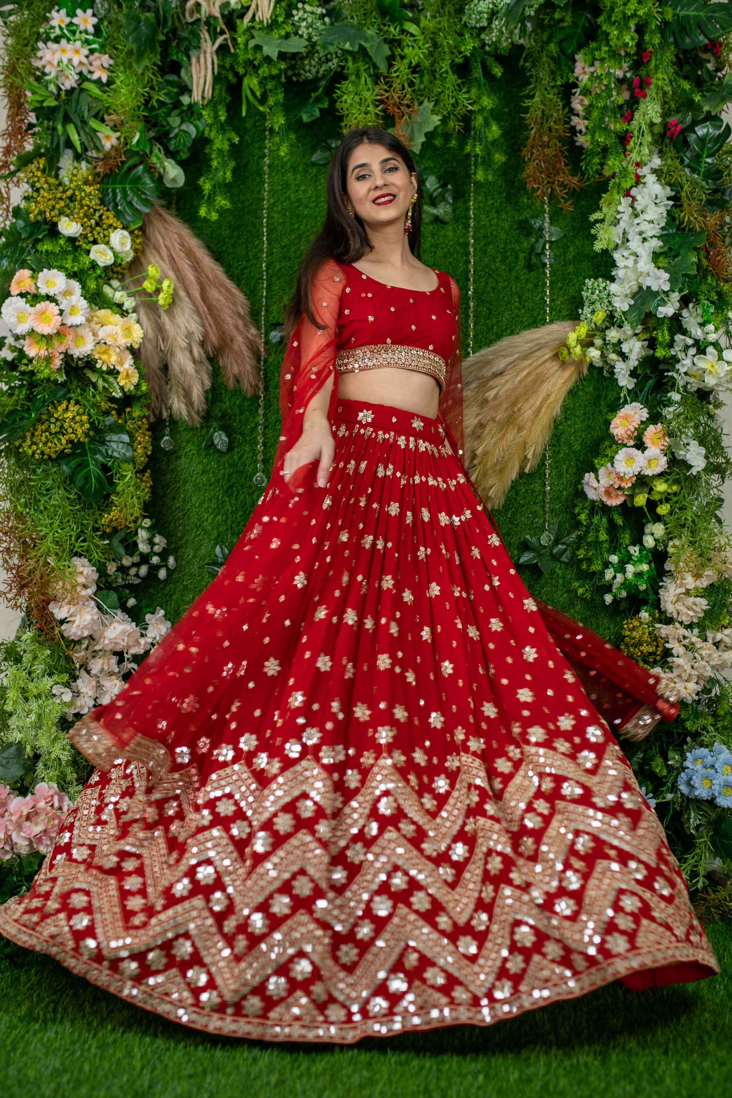 Women's Red And Gold Lehenga Cape Sleeves