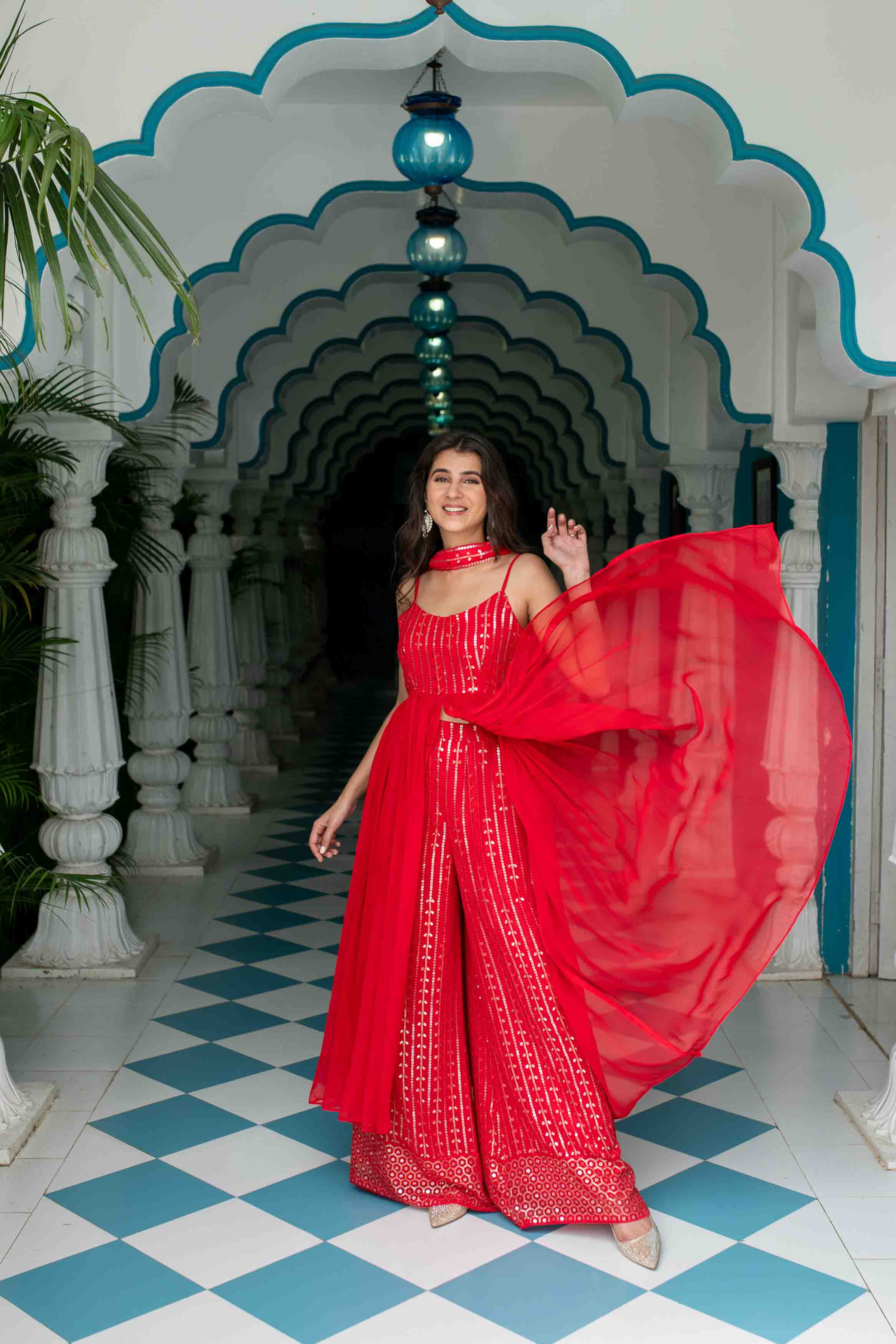 Women's Red Long slit top with palazzo