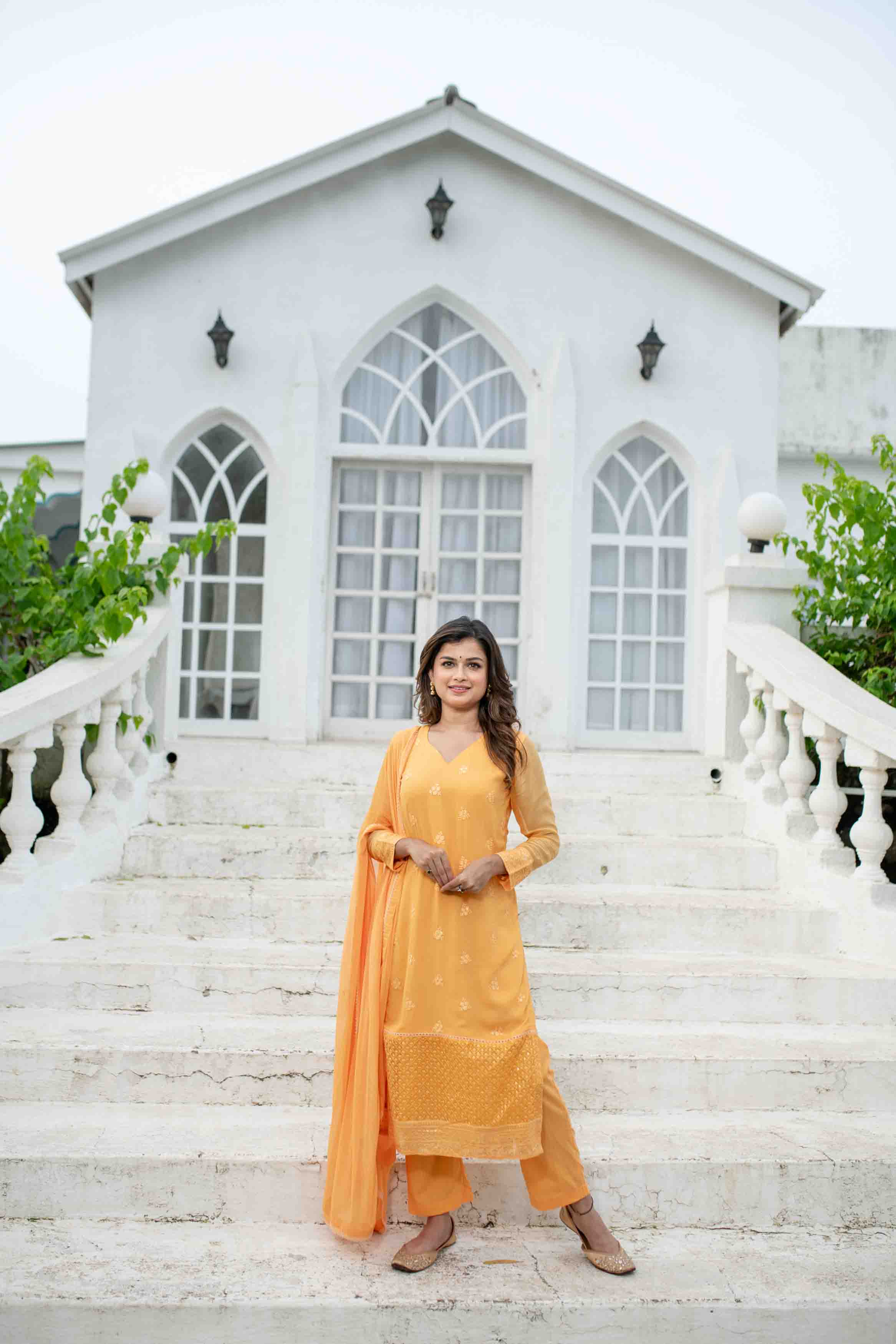 Women's Light Orange Thread Work Kurta Set