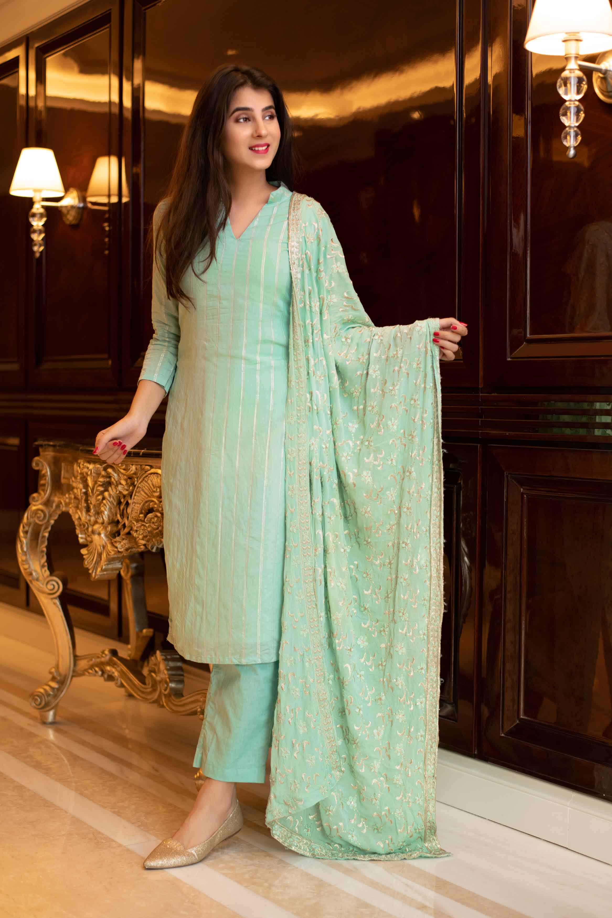 Women's Pista Green Chinon Heavy Zari Work Kurta Set
