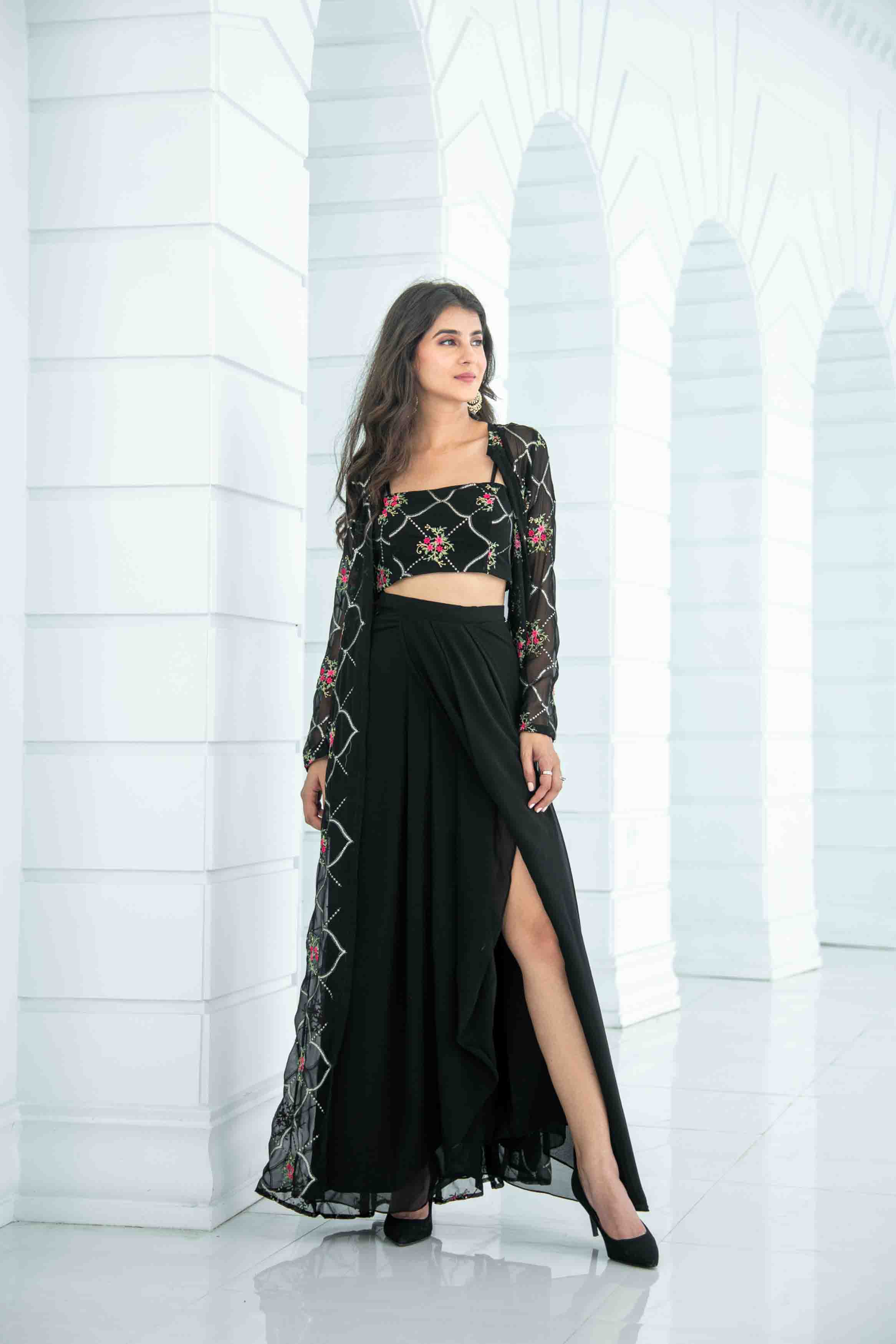 Black Slit Dhoti With Jacket XS