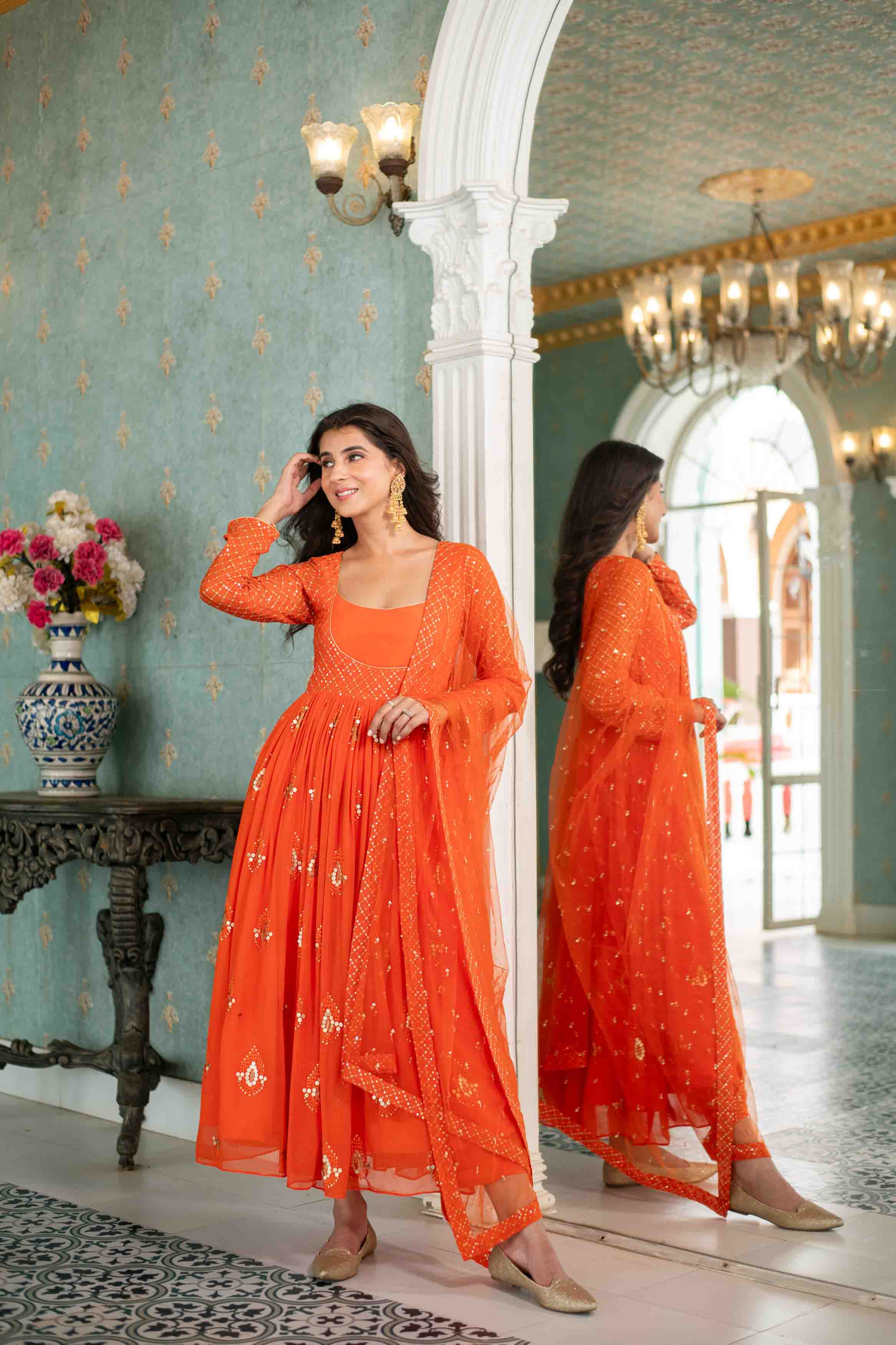 Women's Orange Choli Style Anarkali Set
