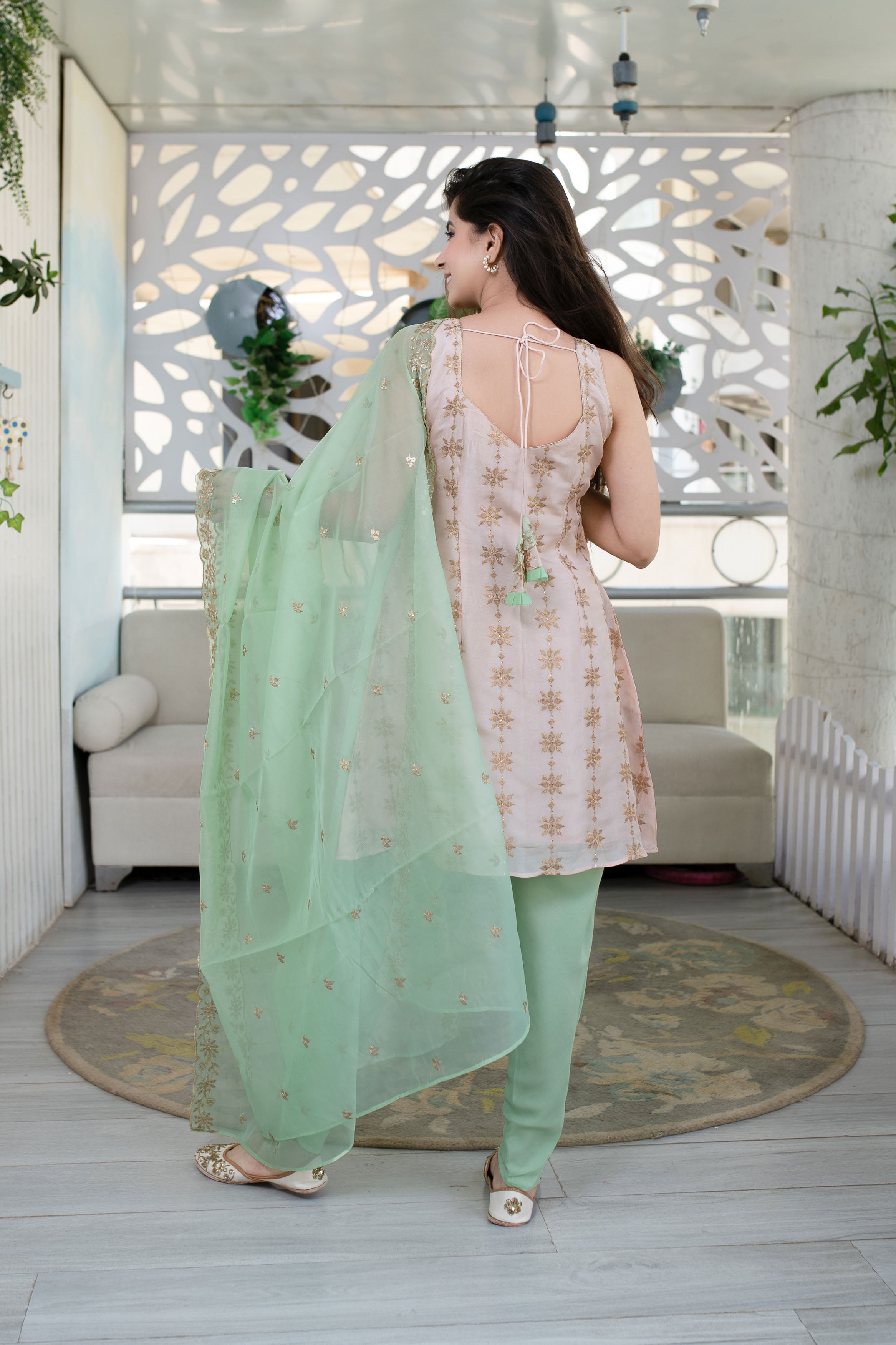 Women's Peach And Pista Dhoti Set (3pcs set)