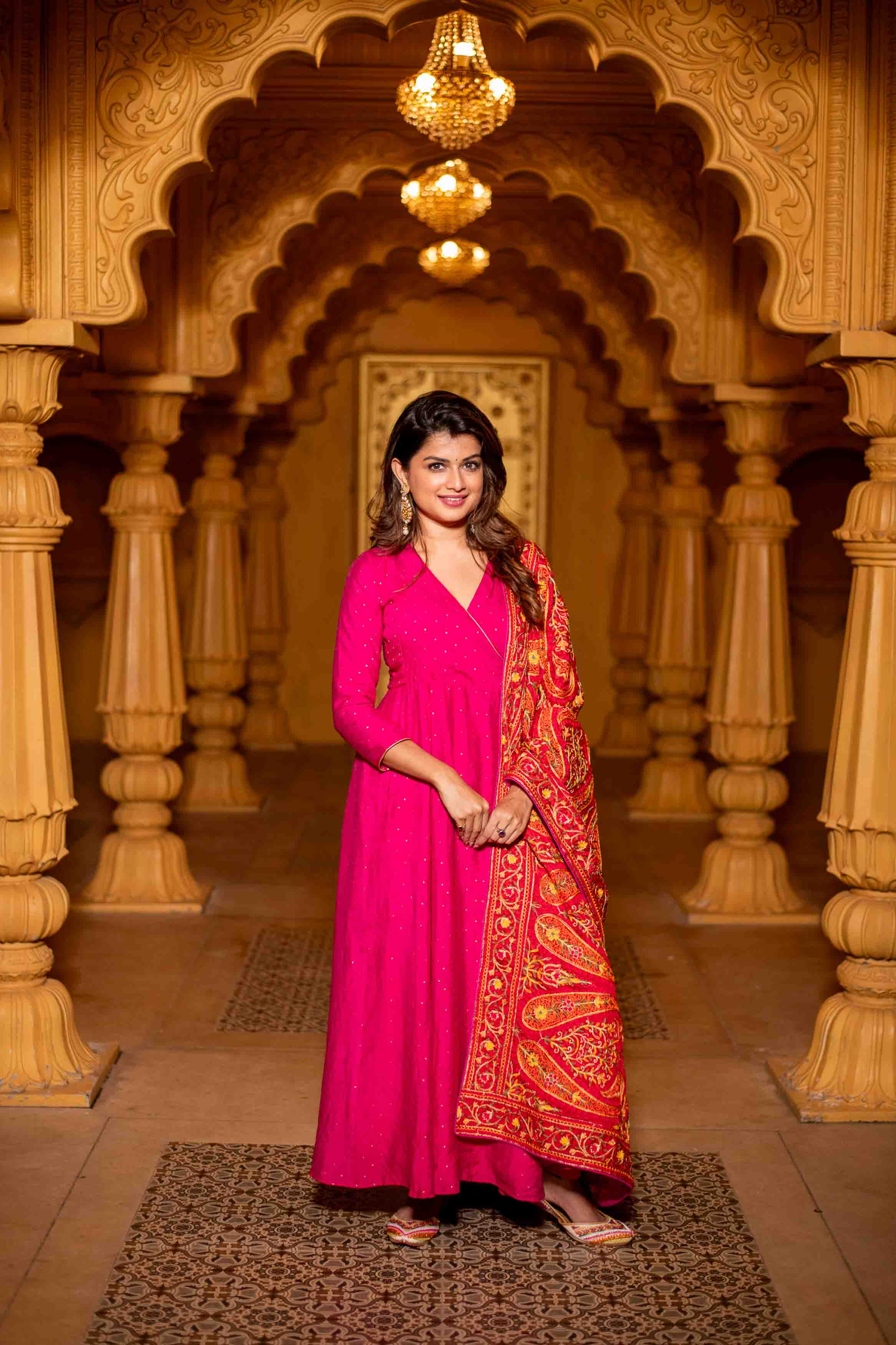 Women's Pink Chanderi Overlap Long Anarkali Set