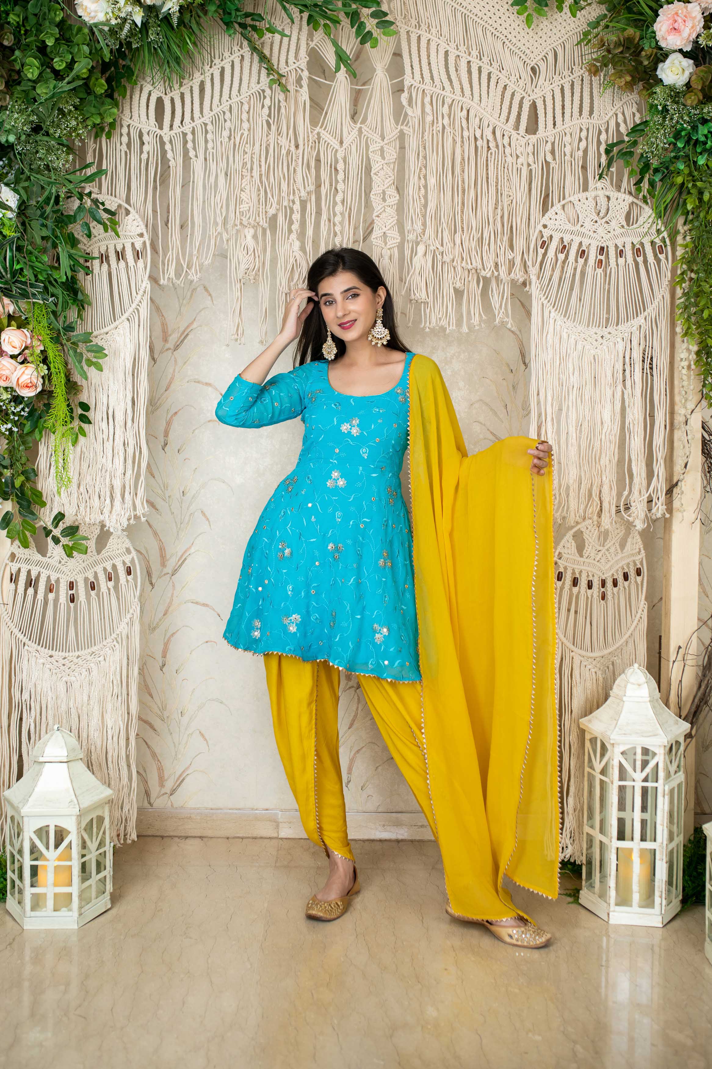 Women's Turquoise Yellow Tulip Dhoti (3pc Set)